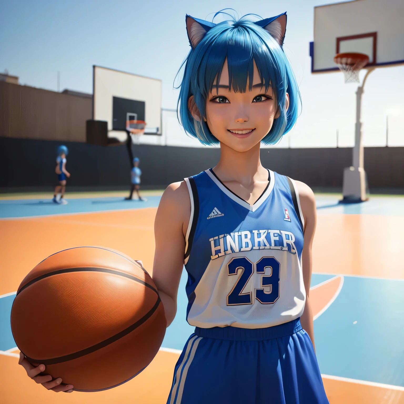 (8k, HDR, RAW photo, best quality, masterpiece:1.2, realistic lighting), cowboy shot view, look at viewer, korean girl, solo, grinning smile, wearing blue basketball shirt, blue skirt, (bob cuts hair), ((sky blue hair)), (messy hair), path traced hair, (sky blue cat ears), ((sky blue eyes)), beauty eyes, (thin face), (flat chest), (small breasts), (basketball court:1.3), playing basketball, look up, upper body.