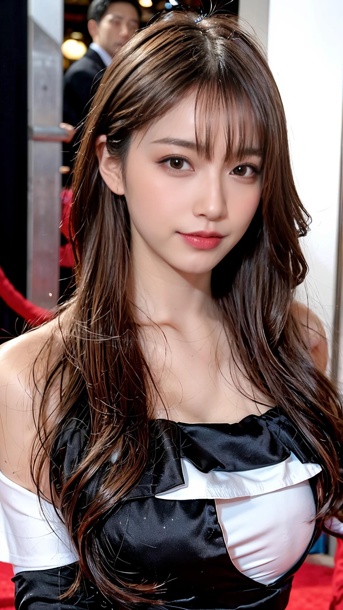 (highest quality, pieces fly, realistic photo, Super detailed, ultra high resolution, born:1.3), (1 female, beautiful japanese actress, 25 years old), double iridescence), (shy smile), detailed face, She has big ring earrings and red eyeshadow makeup.。，light blonde delicate mid cut hair，髪の端は波状inす，elegant hairstyle，fine eyes, (Actress with slender figure，small breasts, hips become smaller, side boob barbosa), (butt crack, naked waist, bare back:1.3), (sexy silk embroidered mermaid dress:1.2), ( from behind), look up_in_viewer, Blake is black long hair, Blake is (Mode, red carpet, large crowd:1.5),My butt is also exposed，beauty in profile，A glimpse of white pants，