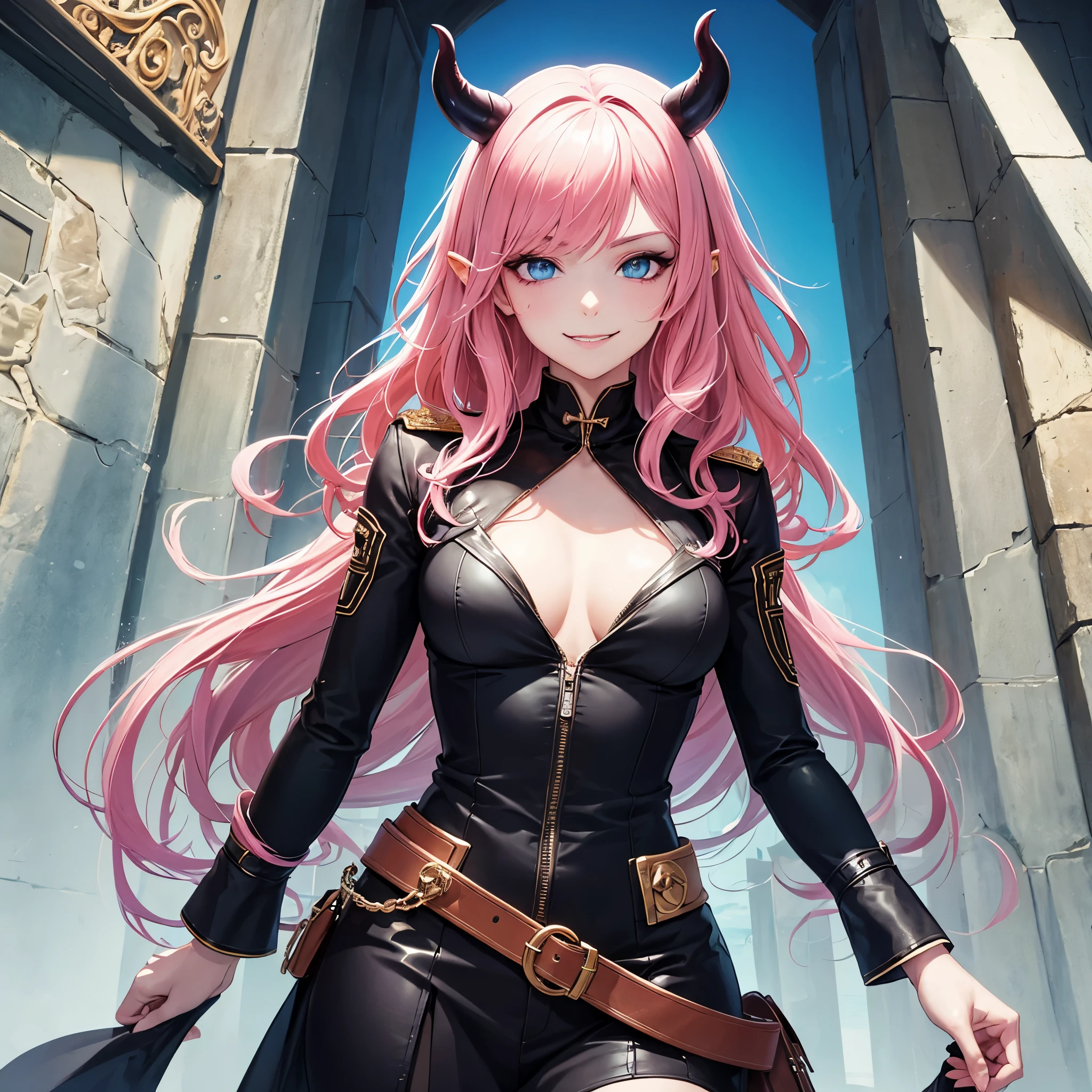 (best quality,official art,beautiful, aesthetic:1.2),1girl,extremely detailed,highest detailed,pale skin woman,light blue eyes,humanoid ears, demon horns, pink hair, wavy hair, captain, smirk