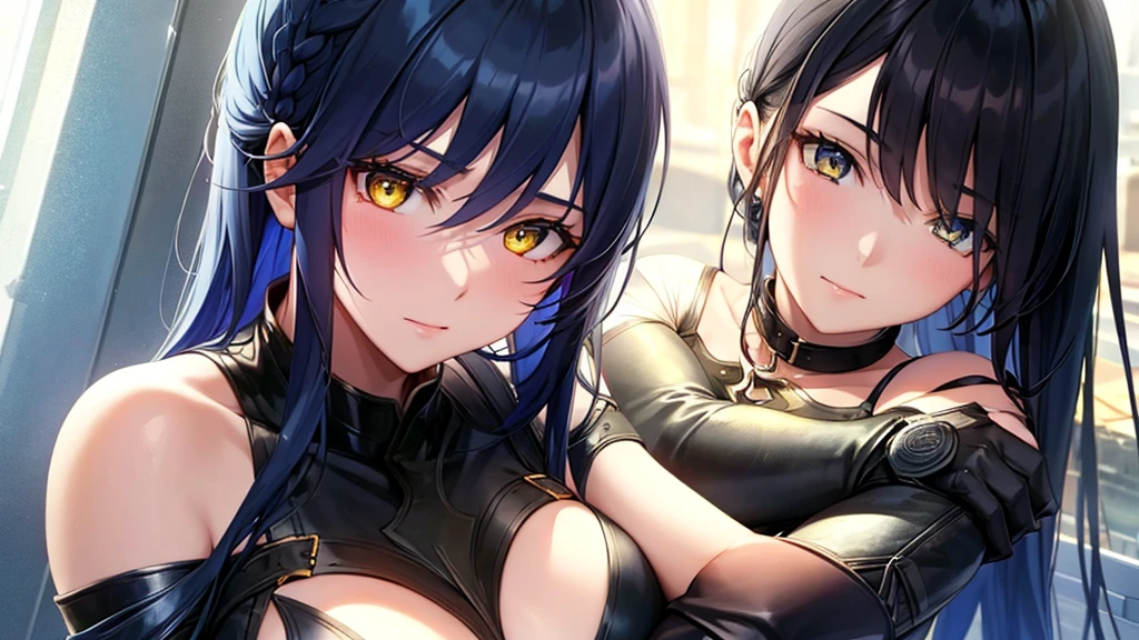 anime girl, blue and black hair, yellow eyes, long hair, leather suit, beautiful woman, hug each other, two woman, upper body,