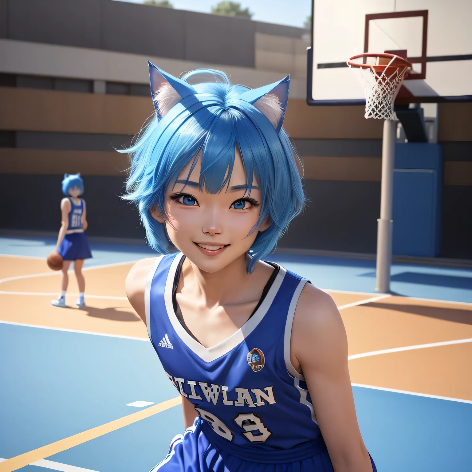 (8k, HDR, RAW photo, best quality, masterpiece:1.2, realistic lighting), cowboy shot view, look at viewer, korean girl, solo, grinning smile, wearing blue basketball shirt, blue skirt, (bob cuts hair), ((sky blue hair)), (messy hair), path traced hair, (sky blue cat ears), ((sky blue eyes)), beauty eyes, (thin face), (flat chest), (small breasts), (basketball court:1.3), playing basketball, look up, upper body.