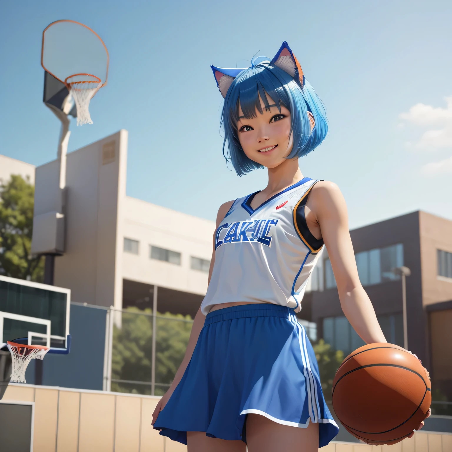 (8k, HDR, RAW photo, best quality, masterpiece:1.2, realistic lighting), cowboy shot view, look at viewer, korean girl, solo, grinning smile, wearing blue basketball shirt, blue skirt, (bob cuts hair), ((sky blue hair)), (messy hair), path traced hair, (sky blue cat ears), ((sky blue eyes)), beauty eyes, (thin face), (flat chest), (small breasts), (basketball court:1.3), playing basketball, look up, upper body.