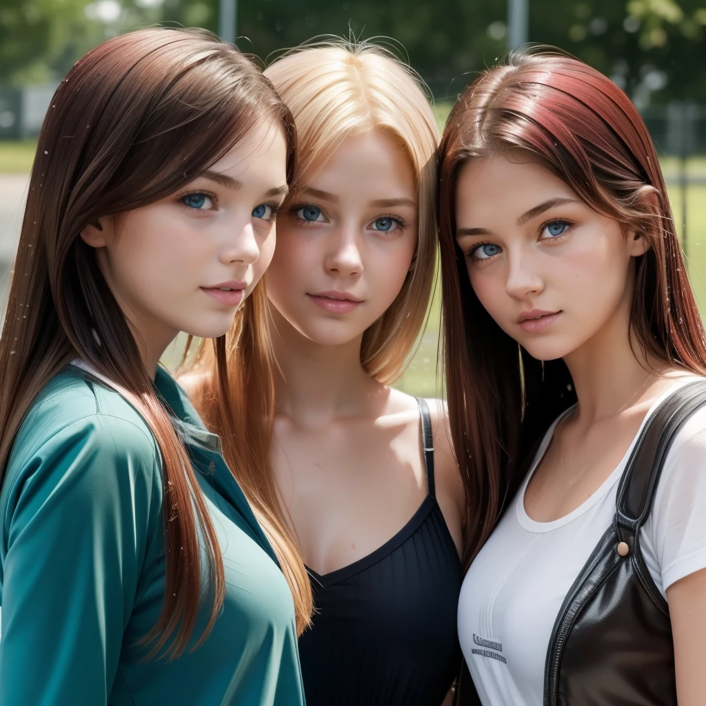 17-year-old schoolgirls lined up. wet, wet ноги. naughty. bodacious. blonde, Redhead and brunette. eye to eye contact. Looking at the camera.