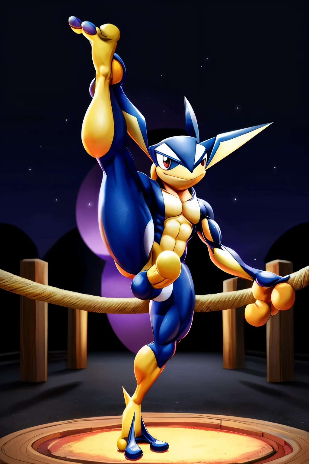 greninja pokemon lean muscle full body shot head to toe in a nighttime ninja village in the middle of a wooden square sparing ring, hands in fists guarding his face, kicking with one leg ankle up knee locked extending it straight out in the air, the bottom of his sole on full display, balancing on the other leg, naked with big dick