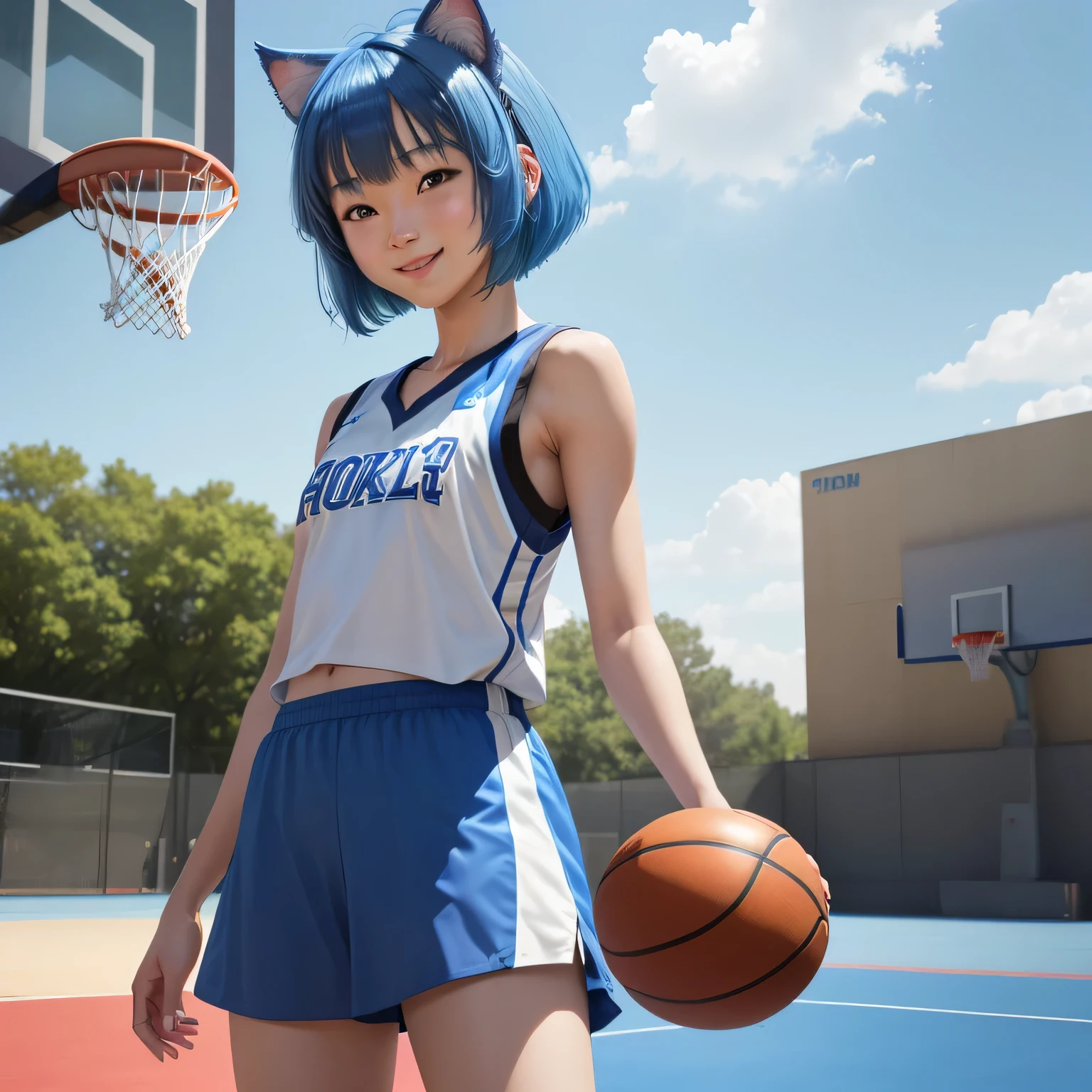 (8k, HDR, RAW photo, best quality, masterpiece:1.2, realistic lighting), cowboy shot view, look at viewer, korean girl, solo, grinning smile, wearing blue basketball shirt, blue skirt, (bob cuts hair), ((sky blue hair)), (messy hair), path traced hair, (sky blue cat ears), ((sky blue eyes)), beauty eyes, (thin face), (flat chest), (small breasts), (basketball court:1.3), playing basketball, look up, upper body.