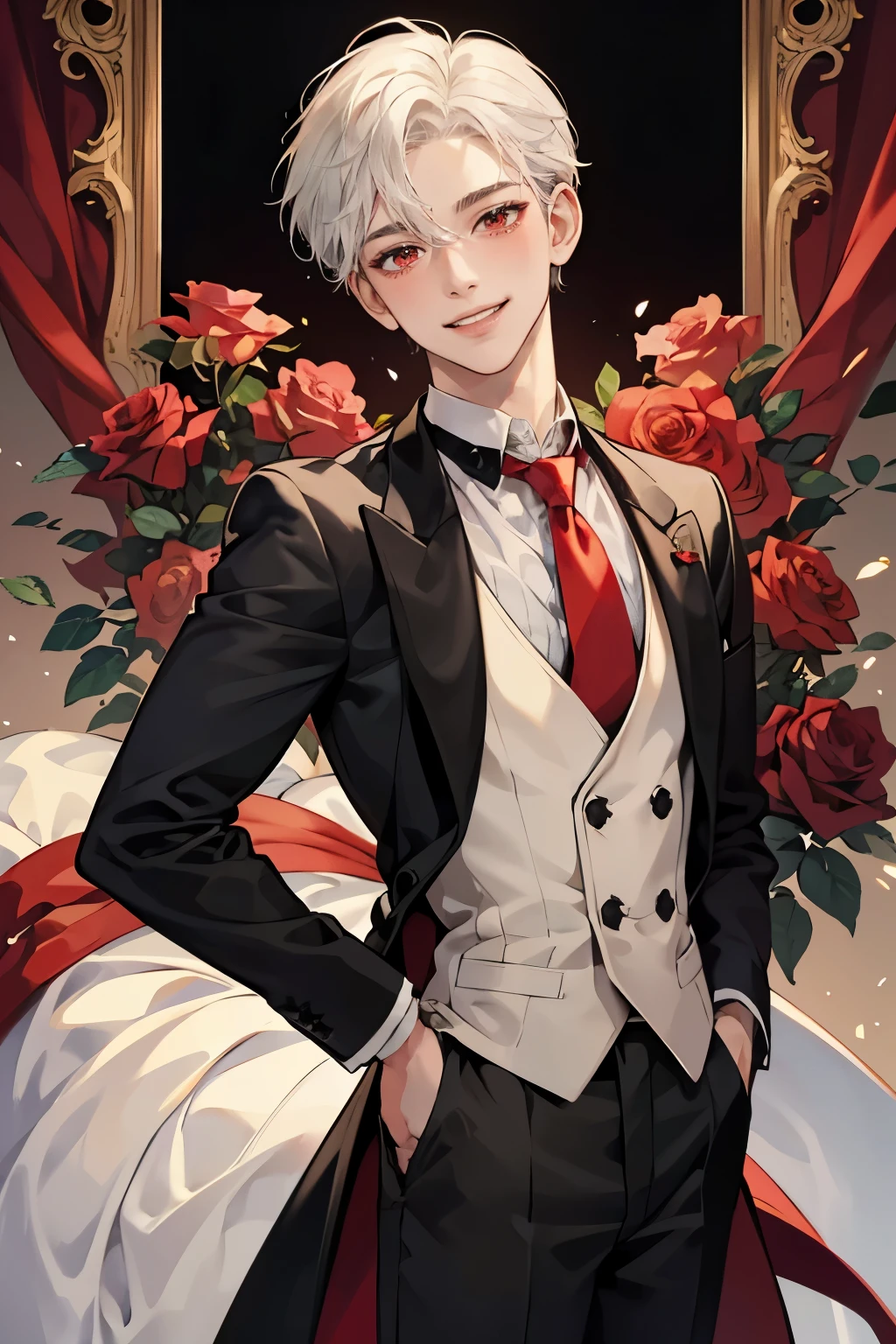 masterpiece,best quality, high quality, breathtaking,1boy, solo, male, short, young, , short white hair, red eyes, smiling, blushing, tuxedo,red tie,top hat with a rose
