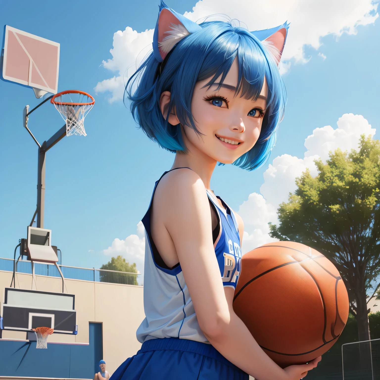 (8k, HDR, RAW photo, best quality, masterpiece:1.2, realistic lighting), backside view, look at viewer, korean girl, solo, grinning smile, wearing blue basketball shirt, blue skirt, (bob cuts hair), ((sky blue hair)), (messy hair), path traced hair, (sky blue cat ears), ((sky blue eyes)), beauty eyes, (thin face), (flat chest), (small breasts), (basketball court:1.3), playing basketball, look up, upper body.