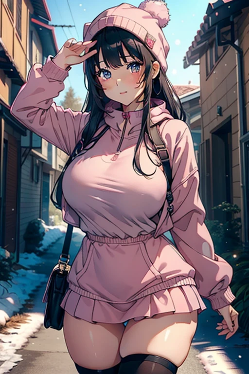 ultra realista 8k CG, master part, 1girl, cute face, thick thighs, big tits, outside, winter, pink slutty outfit, tiny micro skirt 