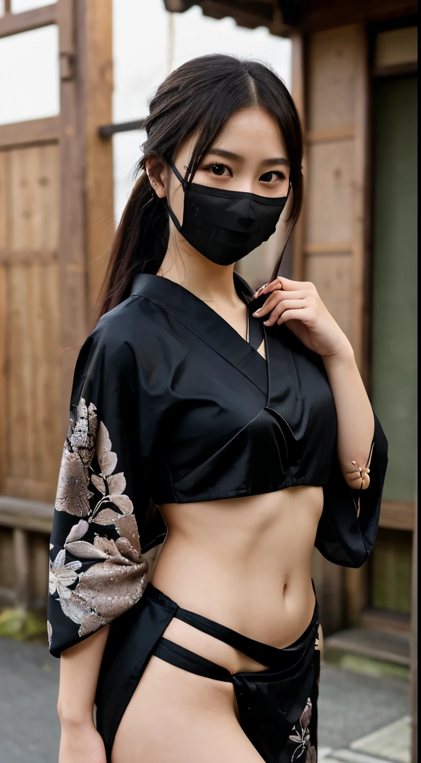 最high quality、high quality、best image quality、8k、最High resolution、High resolution、最high quality、masterpiece、RAW photo、realistic atmosphere、(detailed face)、(fine hands、thumb１reference４)、(beauty of japan )、very nice face、cute face、((beautiful japanese girl))、(japanese woman), ((18 year old beautiful girl))、(glossy black hair)、(straight long hair)、(ponytail)、whole body、slim style、(shiny skin)、(Fair skin, Glossy skin)、real human skin、realistic human body structure、perfect body， perfect face， perfect hands， perfect fingers， perfect lips， perfect eyes，perfect teeth、perfect background， perfect atmosphere， natural soft light、photon mapping、Ainu folk costume、((girl with sword in both hands))、Japanese sword、japanese traditional、(kunoichi kimono)、all ninja、A girl inspired by Naruto、((A girl holding a sharp sword in both hands))、In front of an old Japanese house、((Transparent black metallic with floral pattern(Ainu folk costume、Kimono up to the waist、Japanese clothes up to the waist、string bread loincloth、mask))、Dynamic pose with swordsmanship in mind