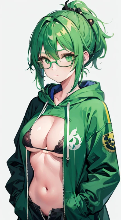 1girl, green hair, green eyes, big boobs, glasses, Hoodie, 1 hand in pocket, buckle, katanas, slut