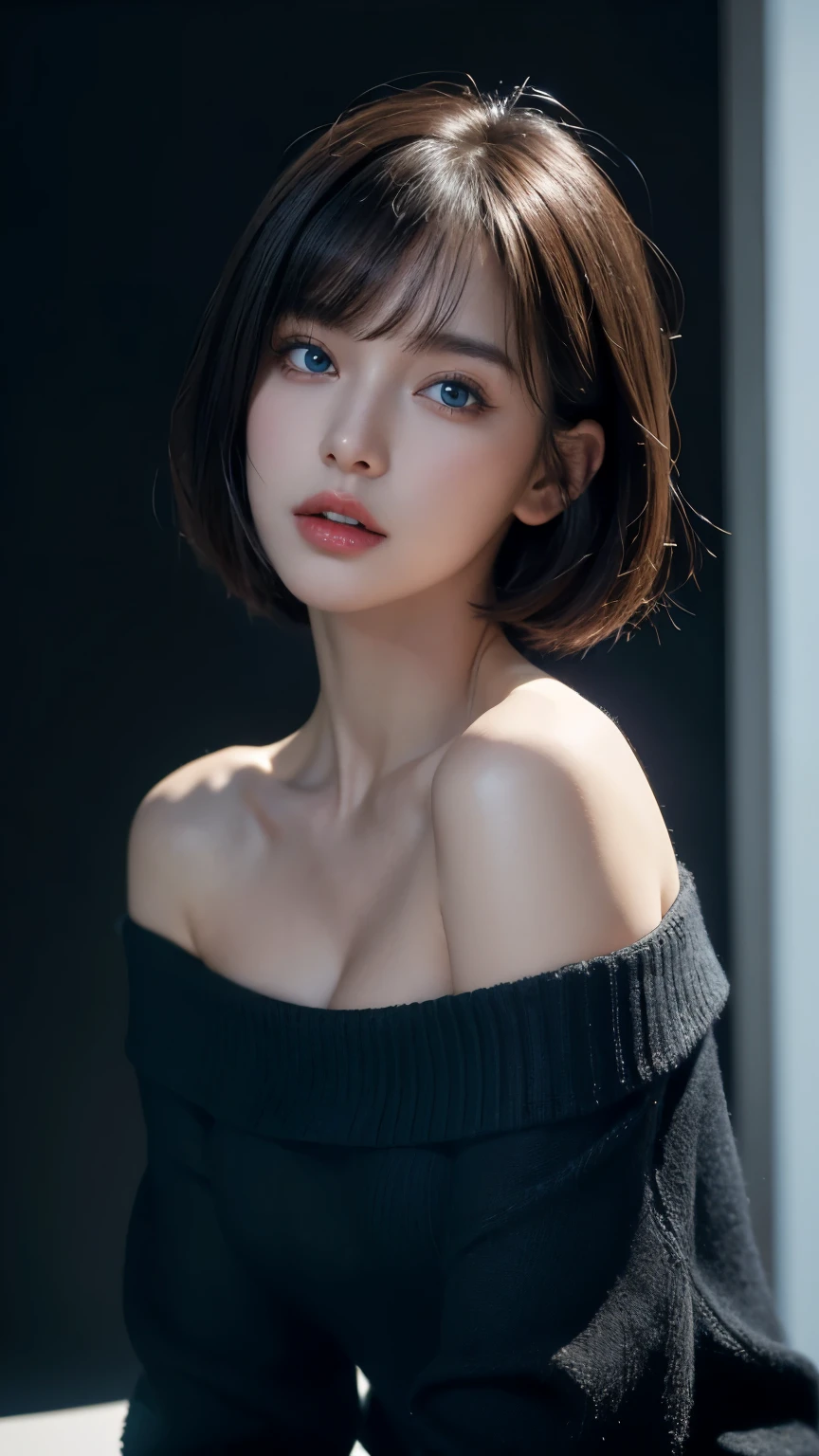 ultra high res, masterpiece, best quality, perfect glossy shiny skins, perfect lighting, detailed lighting, dramatic shadows, ray tracing, 1girl, black sweater, looking at viewer, off shoulder, Big breasts, Exposed cleavage, blue Eyes, sharp face, sharp eyes, long bangs, short cut hair, nsfw, ((Dark background)), upper body,