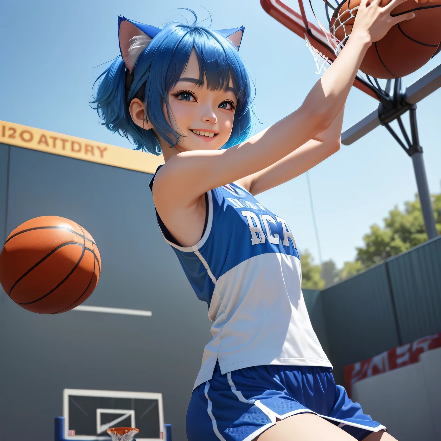 (8k, HDR, RAW photo, best quality, masterpiece:1.2, realistic lighting), backside view, look at viewer, korean girl, solo, grinning smile, wearing blue basketball shirt, blue skirt, (bob cuts hair), ((sky blue hair)), (messy hair), path traced hair, (sky blue cat ears), ((sky blue eyes)), beauty eyes, (thin face), (flat chest), (small breasts), (basketball court:1.3), playing basketball, look up, upper body.