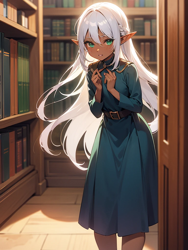 (((I want an elf girl, dark skin, white hair and green eyes, body with small chest and thin waist, wearing a long navy blue dress, set in a library, being alone, around him fallen books and a worried expression)))