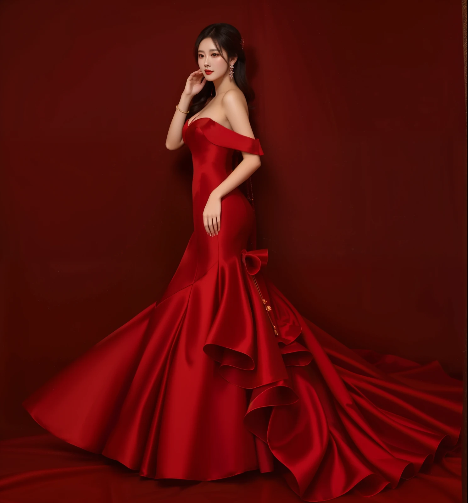 中国女人 in a red dress posing for a picture, elegant red dress, rich red, wearing long gown, long gown, wearing red formal attire, dominating red color, stunning elegant, sha xi, flowing gown, wearing an evening gown, satin, gown, stunning elegant pose, red dress, beautiful gown, beautiful and elegant, all red, rich red colors