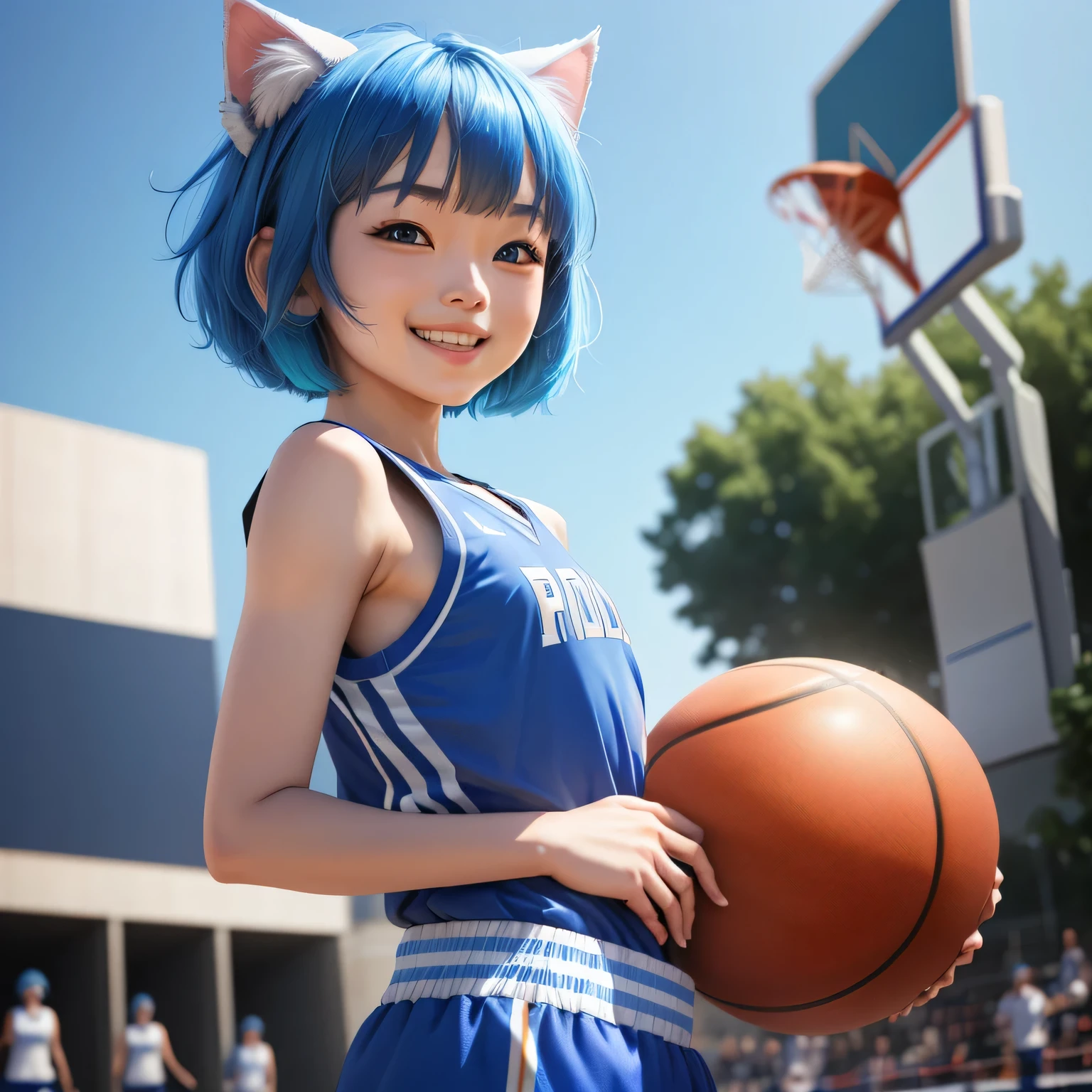 (8k, HDR, RAW photo, best quality, masterpiece:1.2, realistic lighting), backside view, look at viewer, korean girl, solo, grinning smile, wearing blue basketball shirt, blue skirt, (bob cuts hair), ((sky blue hair)), (messy hair), path traced hair, (sky blue cat ears), ((sky blue eyes)), beauty eyes, (thin face), (flat chest), (small breasts), (basketball court:1.3), playing basketball, look up, upper body.
