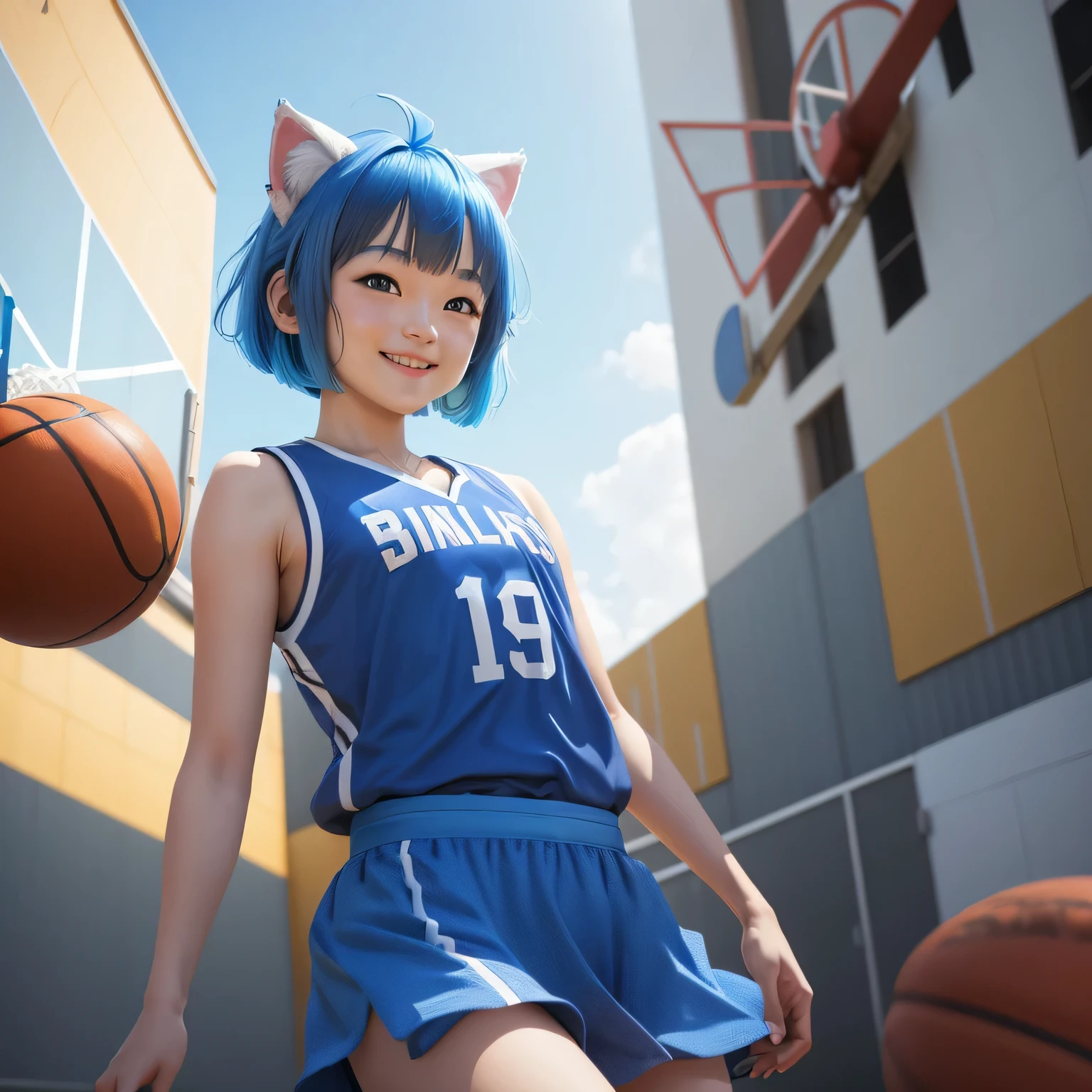 (8k, HDR, RAW photo, best quality, masterpiece:1.2, realistic lighting), backside view, look at viewer, korean girl, solo, grinning smile, wearing blue basketball shirt, blue skirt, (bob cuts hair), ((sky blue hair)), (messy hair), path traced hair, (sky blue cat ears), ((sky blue eyes)), beauty eyes, (thin face), (flat chest), (small breasts), (basketball court:1.3), playing basketball, look up, upper body.