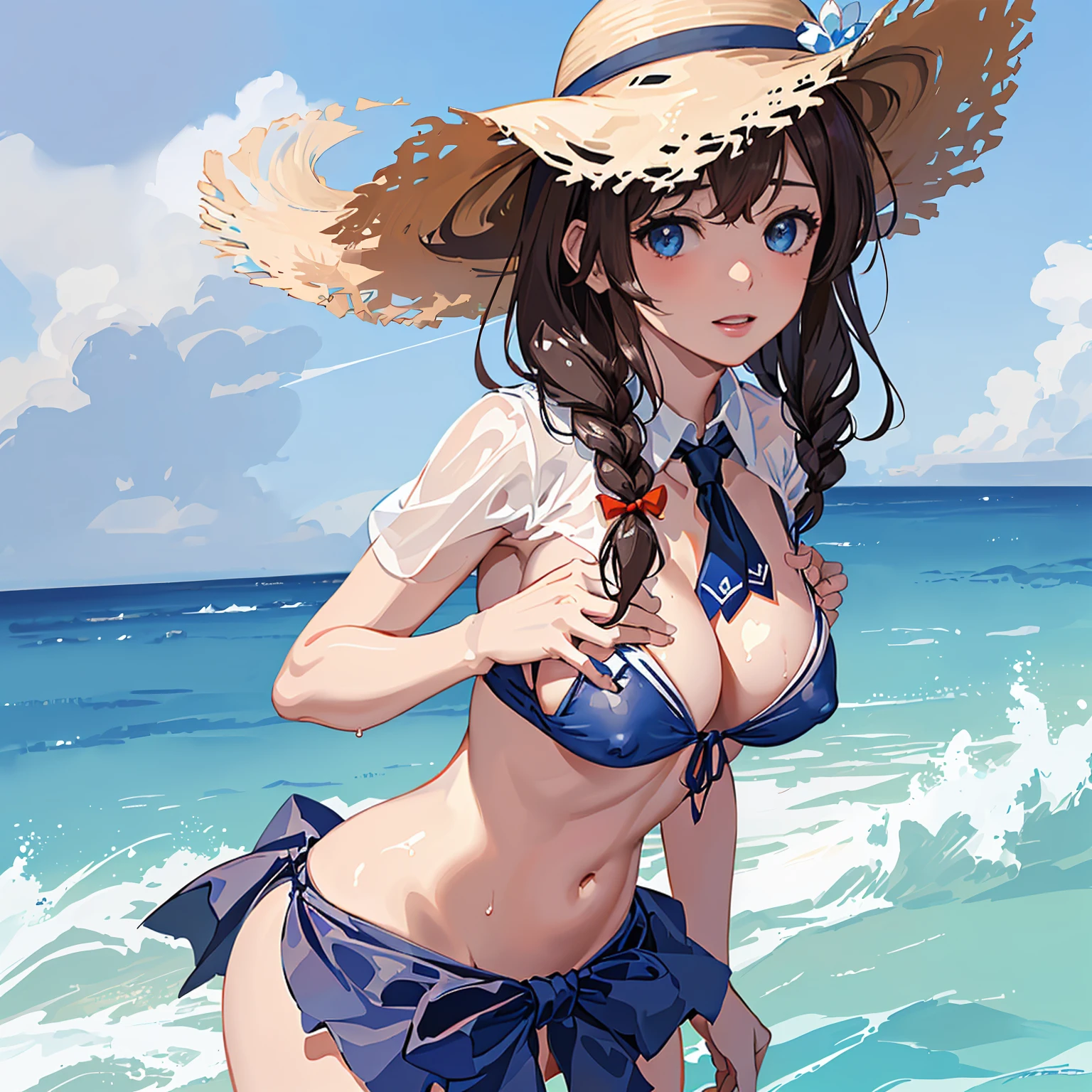 (masterpiece), (best quality), (ultra-detailed), photorealistic, (best illustration), (an extremely delicate and beautiful), 1girl, solo, detailed scenery, radiant beach, blue sky, white cloud, kcshigurek3su, cowboy shot, leaning forward, finely detailed iris, detailed eyes, side-tie bikini bottom, hair ornament, hair flaps, single braid, brown hair, straw hat, hat flower, front-tie bikini top, black necktie, collared shirt, see-through, blue bow, light smile, short sleeves,
Very Fine Eyes Very Fine Face、Insanely detailed body、Extremely fine skin, very elaborate hair ornament, Precisely shaped body and hands Wet Transparent Shirt 1person Big Nipple Big Bust Breast Milk Squirt Orgasm Ahegao sex