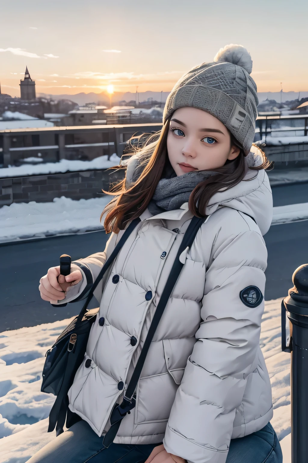 atmospheric perspective, 8k, super detail, accurate, best quality, a woman wearing winter clothes is straddling onto bollard, drooping eyes, bag, sunset, street, aerial angle, (white breath),