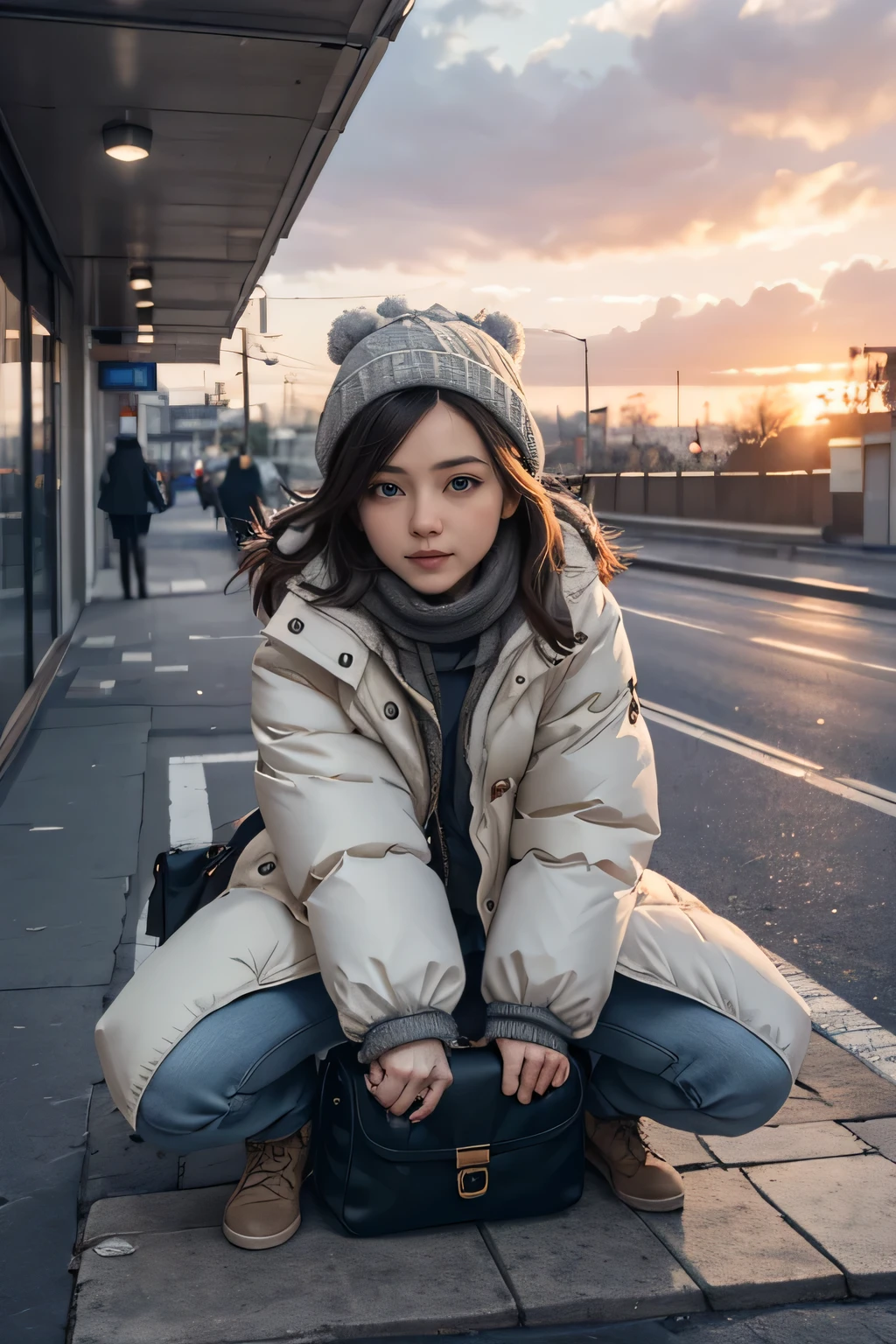 atmospheric perspective, 8k, super detail, accurate, best quality, a woman wearing winter clothes is straddling onto bollard, drooping eyes, bag, sunset, street, aerial angle, white down coat, 