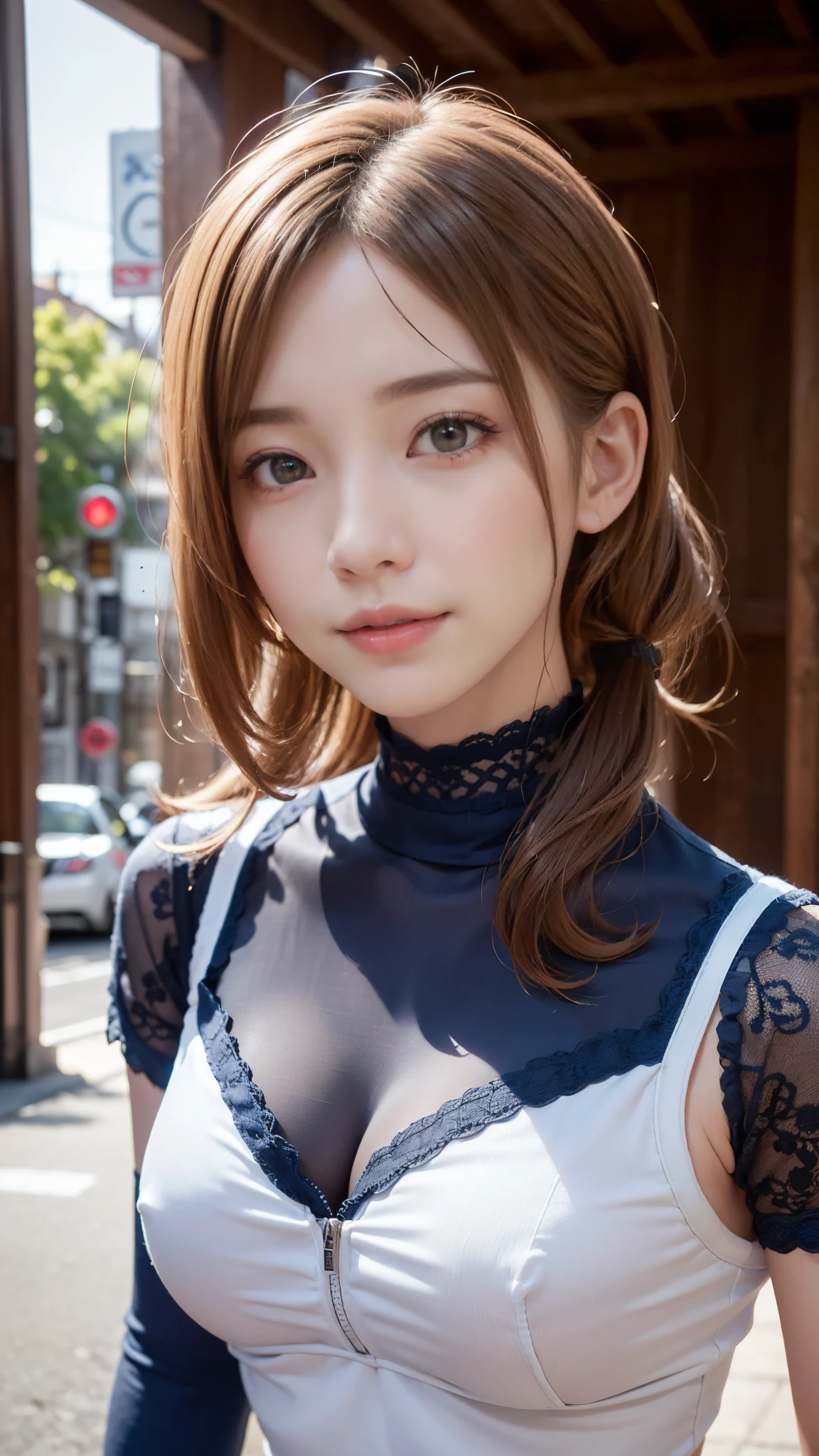 (Very cute 20 year old young woman from Japan),  ((bright blonde delicate hair)), ((Short hair with side wave twintails)),(((Slender and slender body type)))，medium bust size､small breasts､ (((clean hands)))，(Curly/kinky hair)，(((very sweet smile))), (((She is wearing navy blue and white lace panties)))，(((She is wearing a navy blue and white knit dress.))) ，((top quality, 16 km race, muste piece: 1.3)), light on face, super detailed face, highly detailed lips, detailed eyes,