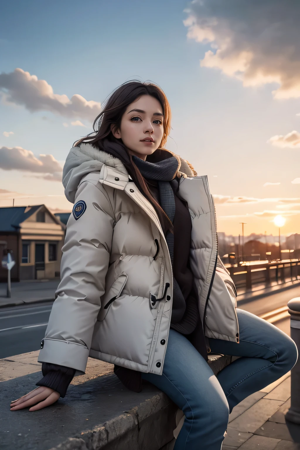 atmospheric perspective, 8k, super detail, accurate, best quality, a woman wearing winter clothes is straddling onto bollard, drooping eyes, bag, sunset, street, aerial angle, white down coat, 