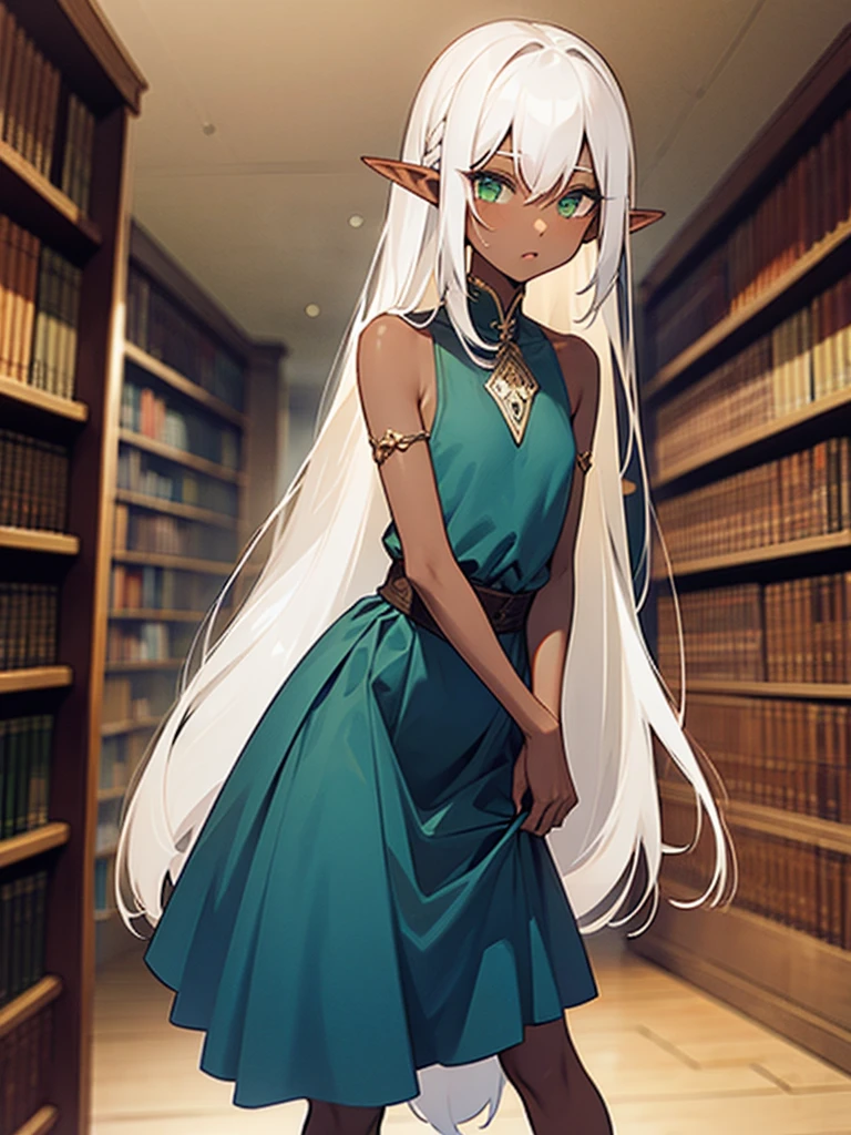 (((I want an elf girl, dark skin, white hair and green eyes, body with small chest and thin waist, wearing a long navy blue dress, set in a library, being alone)))