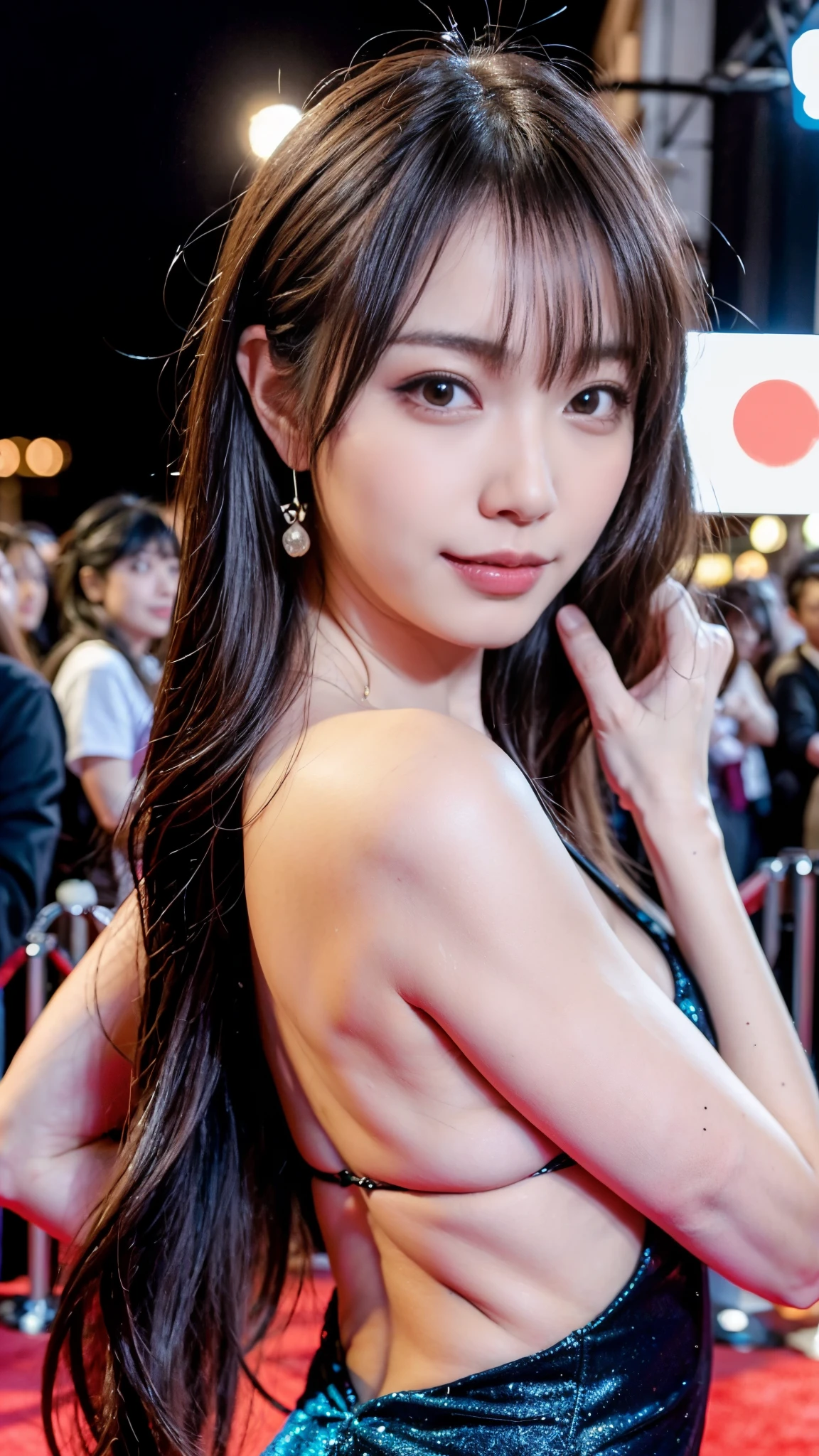 (highest quality, pieces fly, realistic photo, Super detailed, ultra high resolution, born:1.3), (1 female, beautiful japanese actress, 25 years old), double iridescence), (shy smile), detailed face, She has big ring earrings and red eyeshadow makeup.。，light blonde delicate mid cut hair，髪の端は波状inす，elegant hairstyle，fine eyes, (Actress with slender figure，small breasts, hips become smaller, side boob barbosa), (butt crack, naked waist, bare back:1.3), (sexy silk embroidered mermaid dress:1.2), ( from behind), look up_in_viewer, Blake is black long hair, Blake is (Mode, red carpet, large crowd:1.5),My butt is also exposed，beauty in profile，A glimpse of white pants，