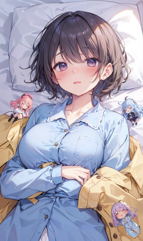 adventurer pajamas, (4girls:1.5), (simple background) (sleeping on a bed together cuddling: 1.2), (girl laid down on a bed: 1.2) (giantess closeup breasts: 1.4), (height_difference:1.4), (size_difference:1.3), (a minigirl sleeping on top of the breasts of a giantess:1.3), professionally drawn, (anime drawing:1.1), (simple bold lines: 1.1), (anime:1.1), (very cute anime girl), (bright), (low contrast), (prettiest teenage girl), (mature face: 1.4), (tall girl with big ass: 1.2), (looking at another: 1.2), (yuri:1.1), (two girls looking at another: 1.2),