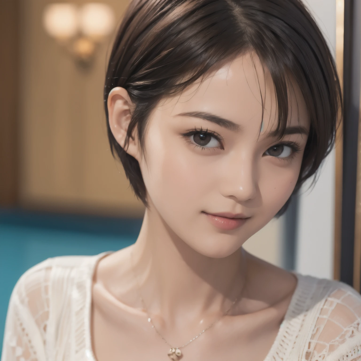143
(20 year old woman), (surreal), (High level image quality), ((beautiful hairstyle 46)), ((short hair:1.46)), (gentle smile), (breasted:1.1), (lipstick)