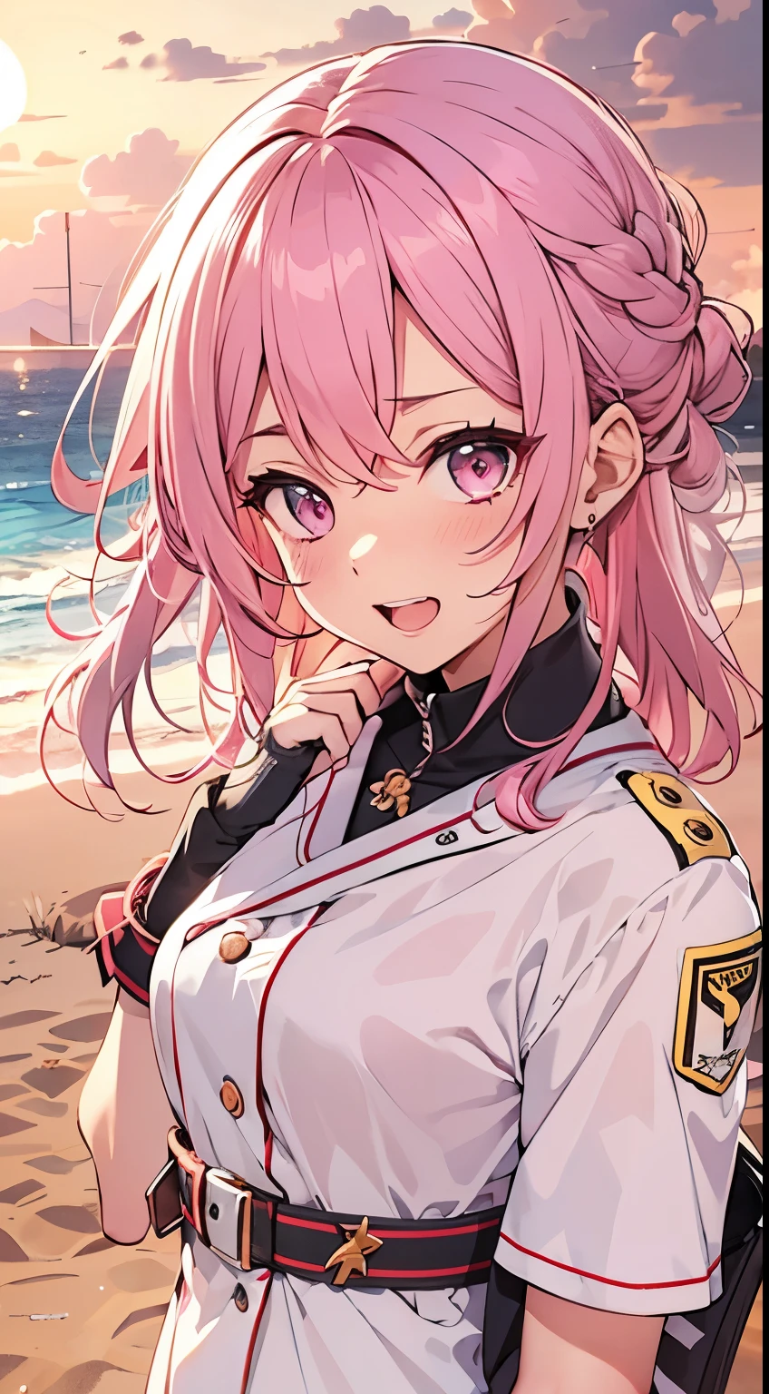 beach,seaside,Sunset,8K resolution,Uniforms,pink hair,pink eyes,of laughter