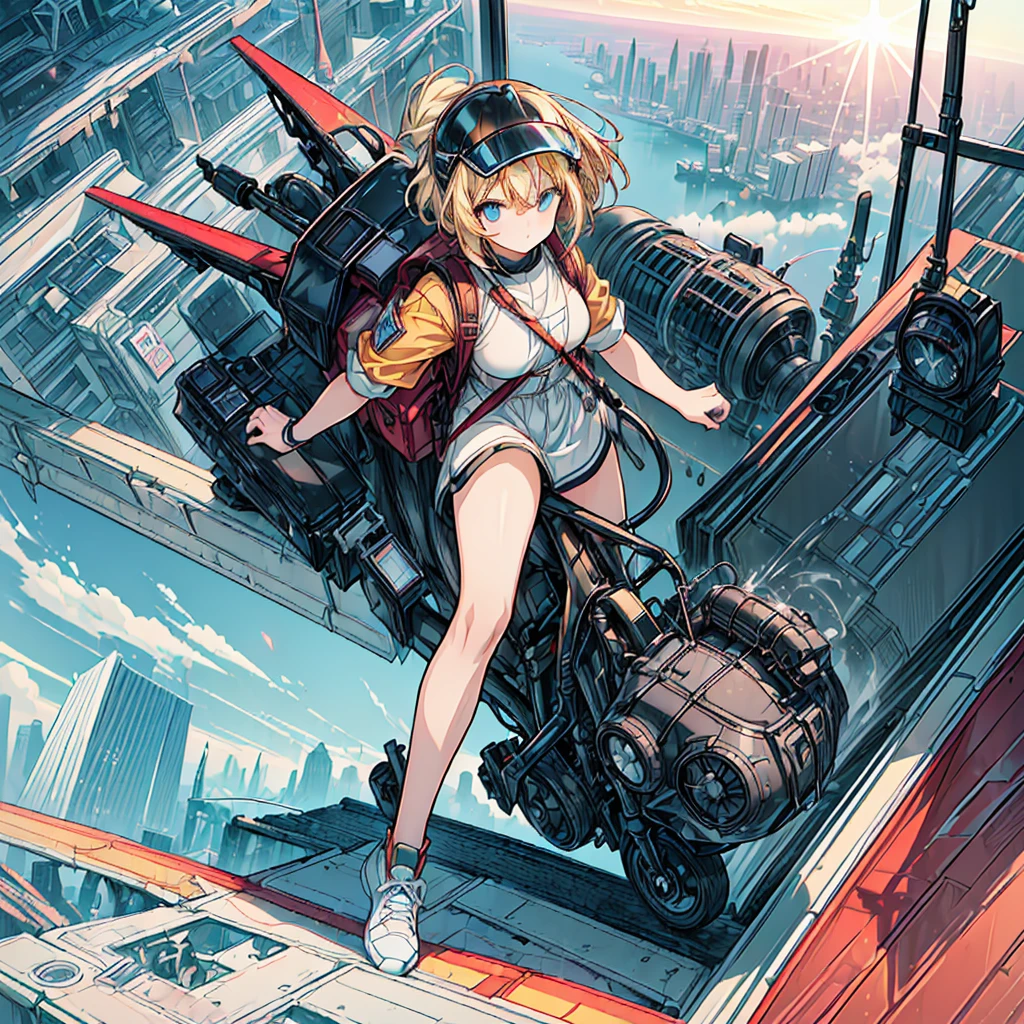 masterpiece, high-contrast, High-quality, High-resolution, Realistic Anime sketch style, cyberpunk view of the sky world, main color is colorful, (Angle looking down from diagonally above:1.4), Full-body, Facing forward, (sunrising sunrise backlight, daydream lighting:1.2), Beautiful features, (a cute girl is dynamic driving on a cool float vehicle mobile in the air with jet engine injection:1.6), (wears white cookware with a cycle helmet:1.2), (she is carrying a big square backpack:1.4), Long blonde hair, Subtle allure, big mouth, Sneakers, Urban location, Skyscraper structures, daytime, now on delivery, (The background is rich and delicate:1.4), 