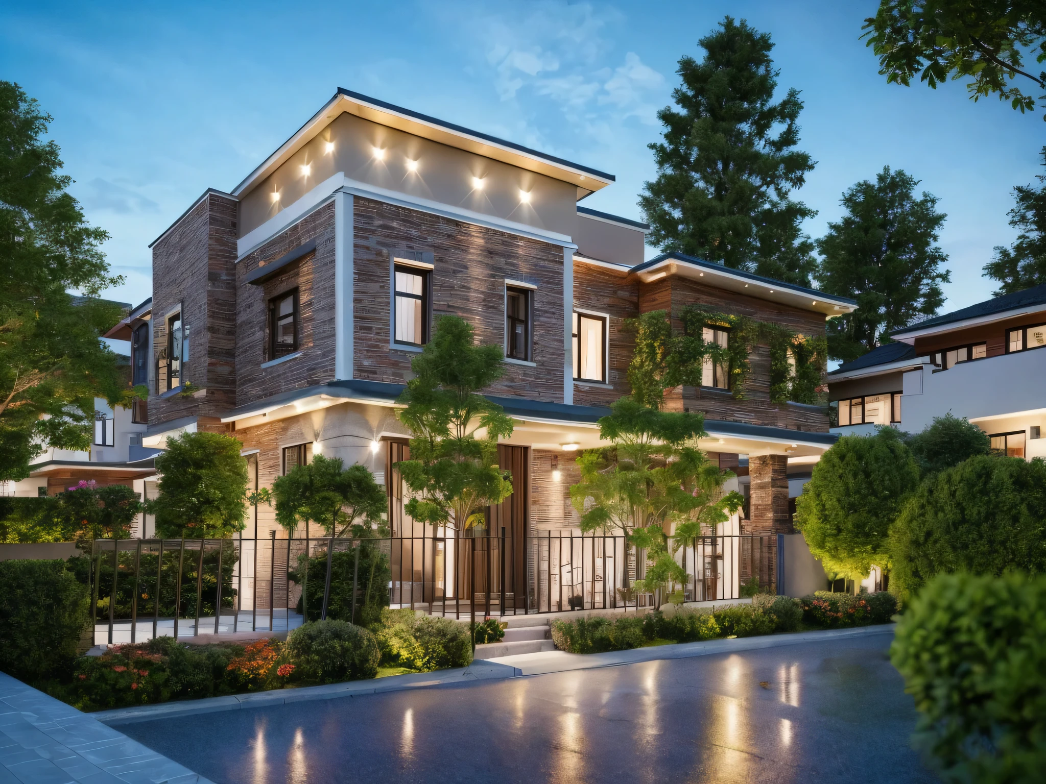 (Villa in city ,close houses and trees), slope_roof , tile_roof ,daylight ( best quality) ((high solution)) ,(( photo realistic)) ,warm light,  soft lighting, warm atmosphere,high Resolution, hyper detailed,4k ,vray render, octane render, hyper realistic, photography expert ,exterior design , professional photography, exterior photography,wide-angle shot , ultra detail , high Resolution , full frame, full body