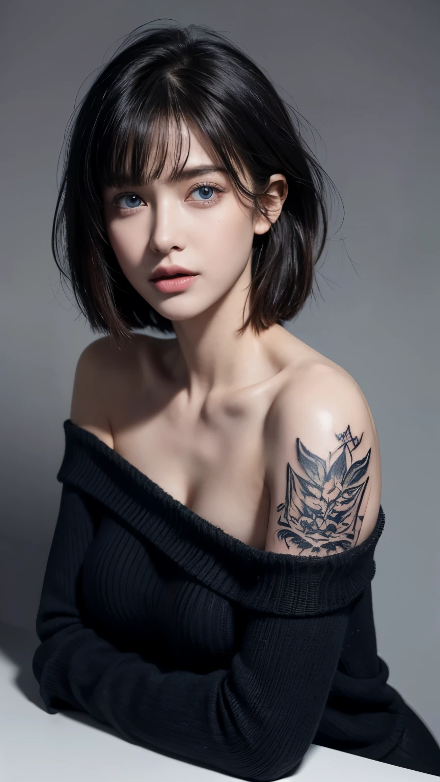 ultra high res, masterpiece, best quality, perfect glossy shiny skins, perfect lighting, detailed lighting, dramatic shadows, ray tracing, 1girl, black sweater, looking at viewer, off shoulder, Big breasts, Exposed cleavage, blue Eyes, sharp face, sharp eyes, long bangs, short cut hair, nsfw, ((Dark background)), upper body, open mouse,(( tattoos on the arms))