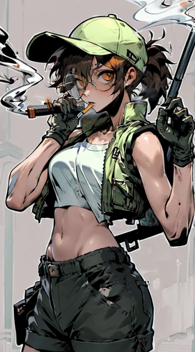 FioGermiWaifu，(shorts, crop top, gloves, round eyewear, vest, baseball cap)，Cyberworld，jk style，smoking girl，bags under eyes,eyeliner,makeup