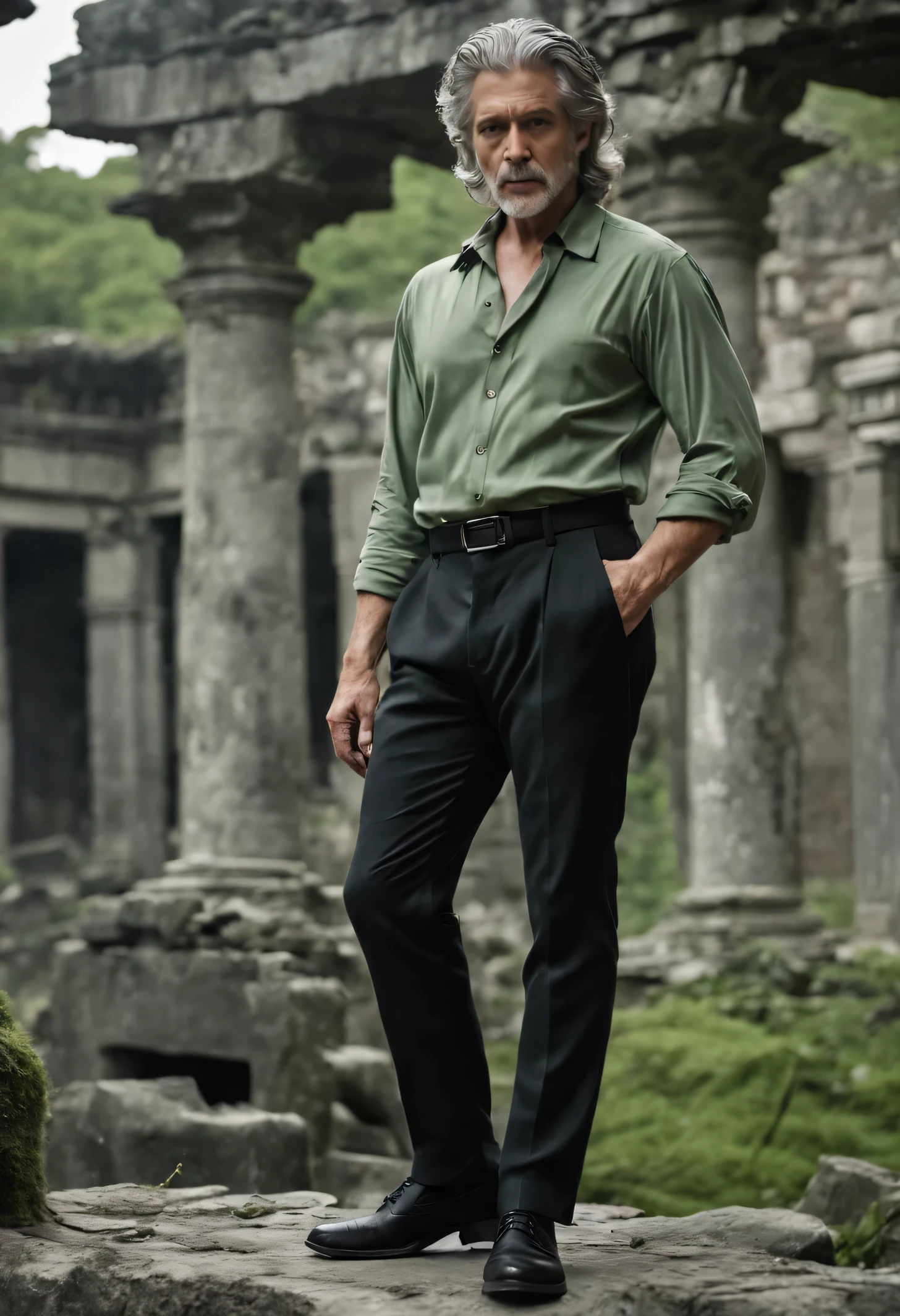 Man of defined body, alone, pistols in his hands, gray hair, locks of hair in moss green tone, short hair, ((social blouse of black and gray color, black and long gray pants)), social shoes of black color, serious look, eyes of light green color, ancient ruins, black tie.