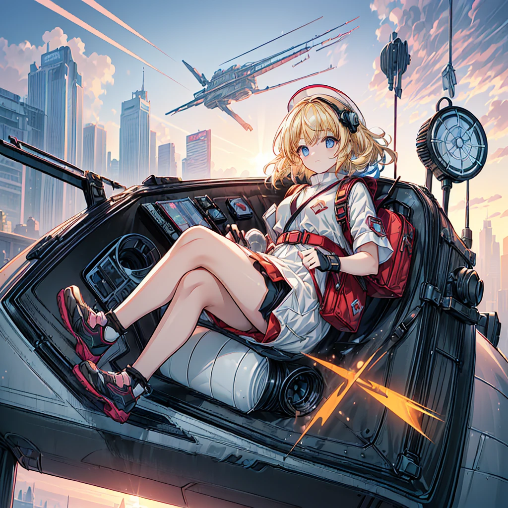 masterpiece, high-contrast, High-quality, High-resolution, Realistic Anime sketch style, cyberpunk view of the sky world, main color is colorful, (Angle looking down from diagonally above:1.4), Full-body, Facing forward, (sunrising sunrise backlight, daydream lighting:1.2), Beautiful features, (a cute girl is dynamic driving on a cool float vehicle mobile in the air with jet engine injection:1.6), (wears white cookware with a cycle helmet:1.2), (she is carrying a big square backpack:1.4), Long blonde hair, Subtle allure, big mouth, Sneakers, Urban location, Skyscraper structures, daytime, now on delivery, (The background is rich and delicate:1.4), 