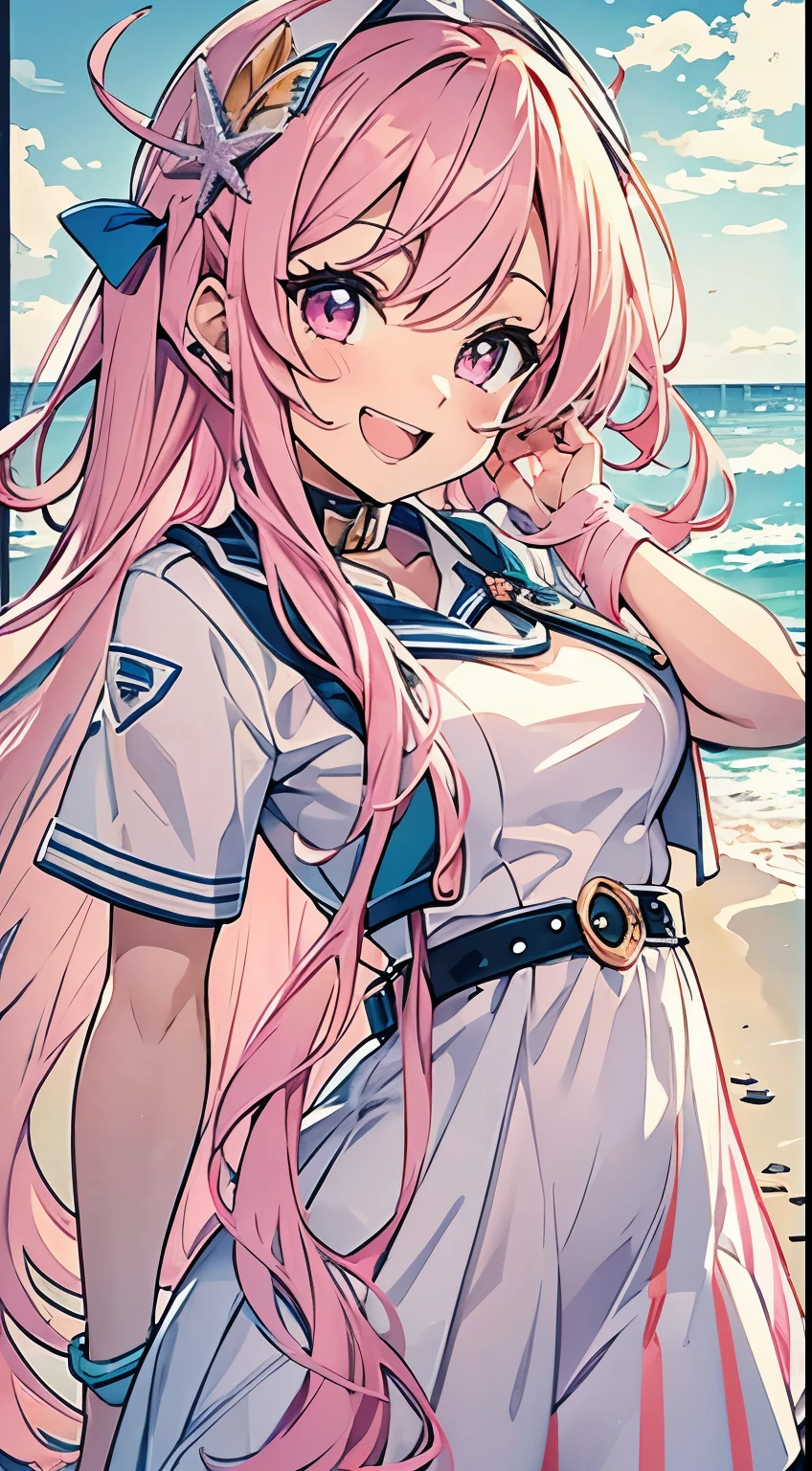 beach,seaside,Sunset,8K resolution,Uniforms,Long pink hair,pink eyes,of laughter