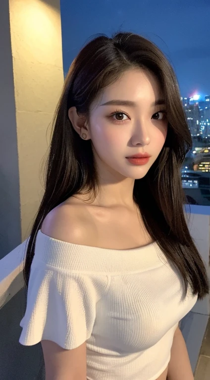 ((midnight, best quality, 8K, masterpiece :1.3)), whole body, long legs, sharp focus :1.2, pretty girl with perfect body :1.4, slim abs :1.1, ((dark brown hair, big bust :1.2)), (white tight t-shirt, jeans, standing:1.2), ((night 도시 전망, rooftop:1.3)), Highly detailed face and skin textures, detailed eyes, double eyelid, night, brighten the lights, light, off shoulder