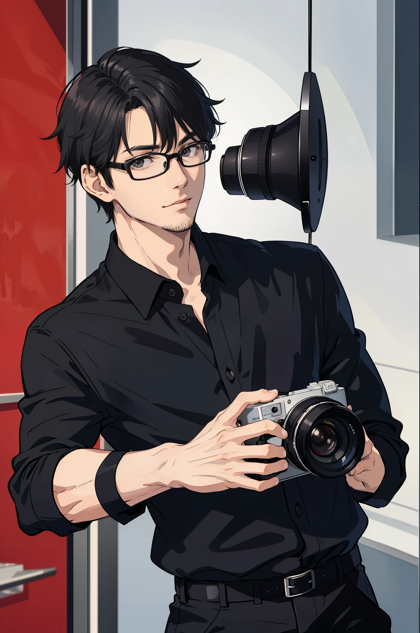 man holding a camera,Handsome guy in his 30s,black clothing,glasses,The camera is Leica