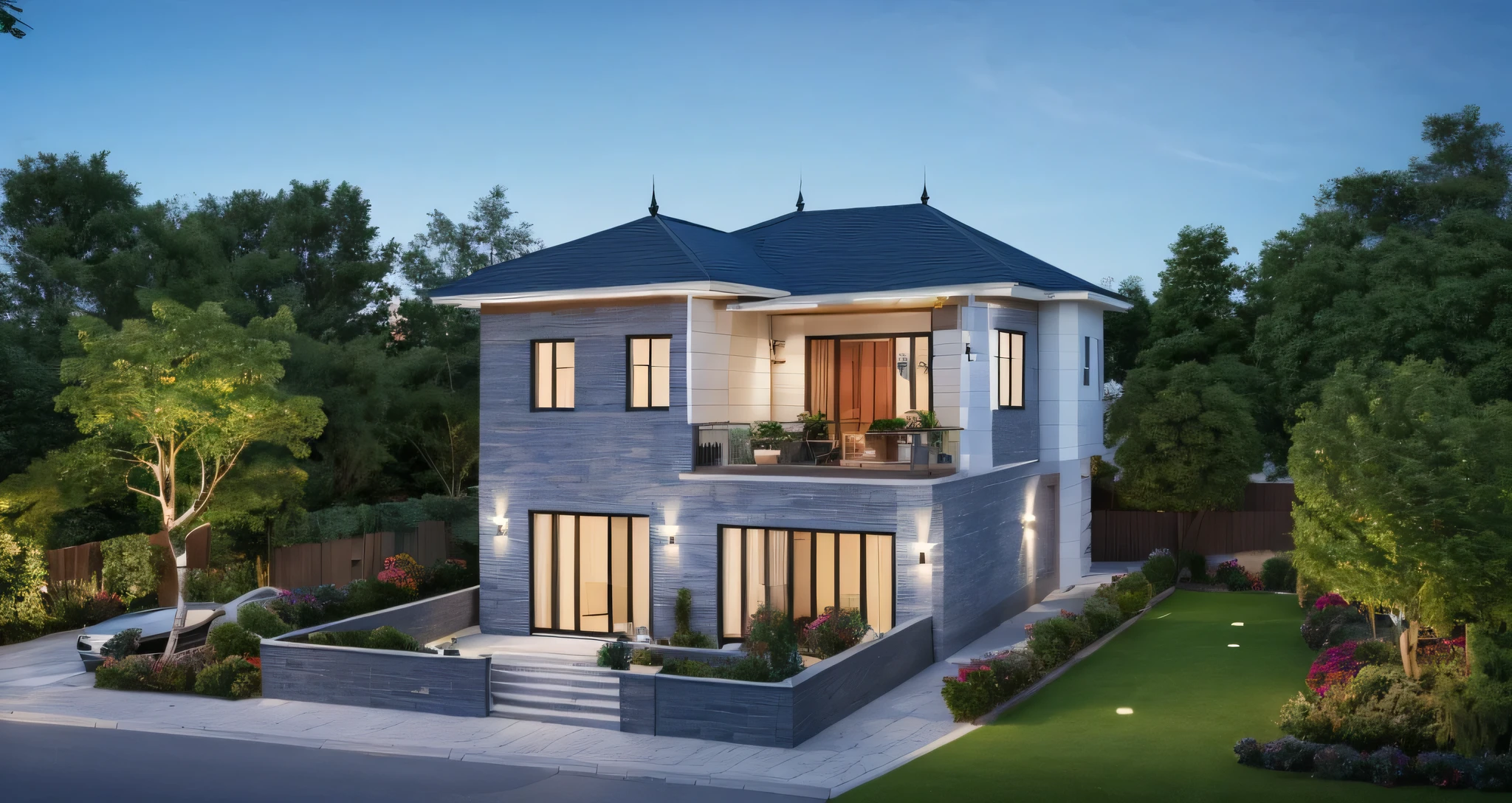 (Villa in city ,close houses and trees), slope_roof , tile_roof ,daylight ( best quality) ((high solution)) ,(( photo realistic)) ,warm light,  soft lighting, warm atmosphere,high Resolution, hyper detailed,4k ,vray render, octane render, hyper realistic, photography expert ,exterior design , professional photography, exterior photography,wide-angle shot , ultra detail , high Resolution , full frame, full body