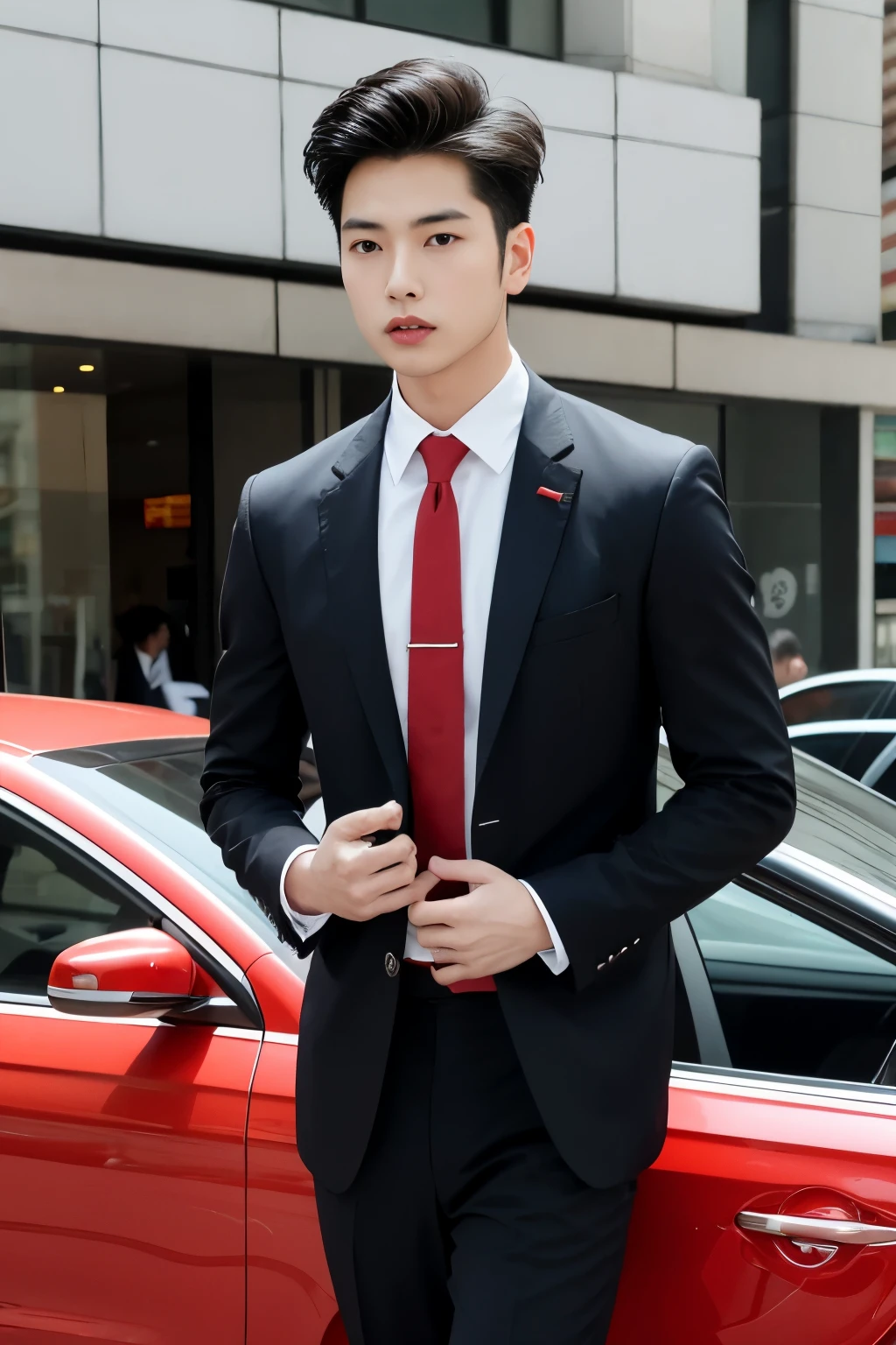 Asian male model on the street，and his wedding car，cool red car，SLR in hand，suit and tie