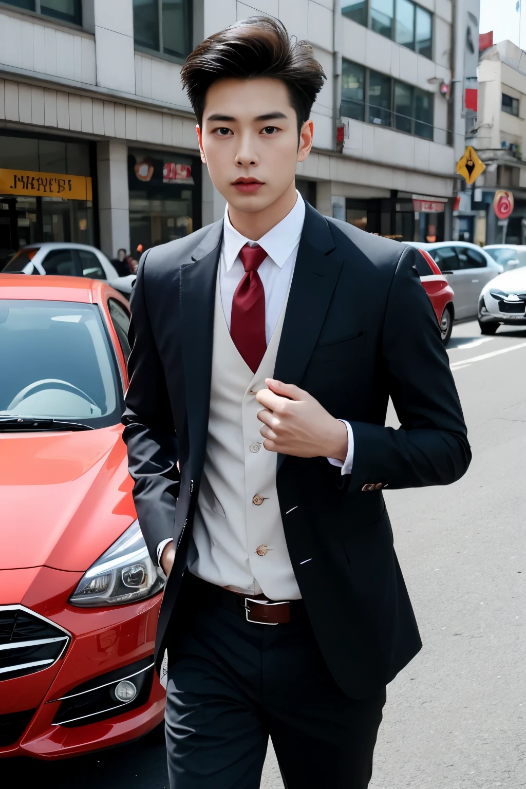 Asian male model on the street，and his wedding car，cool red car，SLR in hand，suit and tie