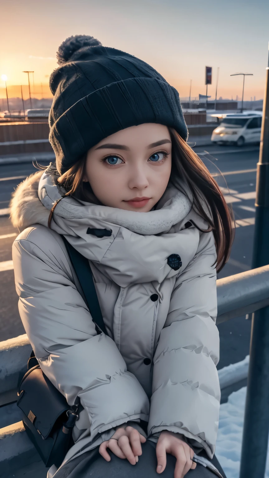 atmospheric perspective, 8k, super detail, accurate, best quality, a woman wearing winter clothes is straddling onto bollard, drooping eyes, bag, sunset, street, aerial angle, near the air port, stare into the distance,