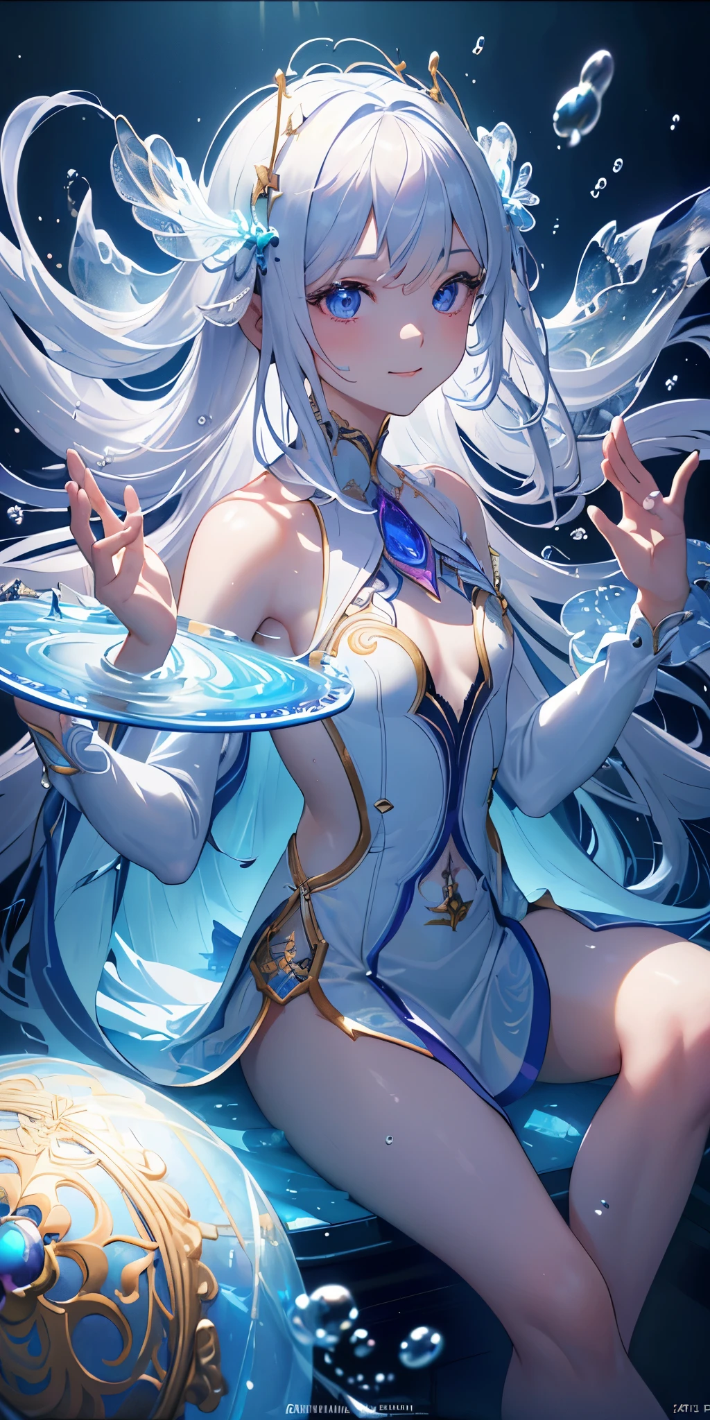[(Transparent background:1.5)::5],(((masterpiece))),(((best quality))),(((extremely detailed))),illustration, 1girl,solo,mysterious,vivid color,shiny, underwater transparent sealed hemispherical glass dome, (white hair),(purple eyeull body,barefoot,long hair tranquil nature, koi,Underwater, Dome,close up,Dynamic actions,Lens perspective,(((Box composition))),sit cross-legged and lean against the bookshel, volumetric lighting, multi-color eyes, detailed eyes, hyper detailed,light smile, highly detailed, beautiful, small details, ultra detailed, best quality, intricate, 4k, 8k, trending on artstation, good anatomy, beautiful lighting, award-winning,
