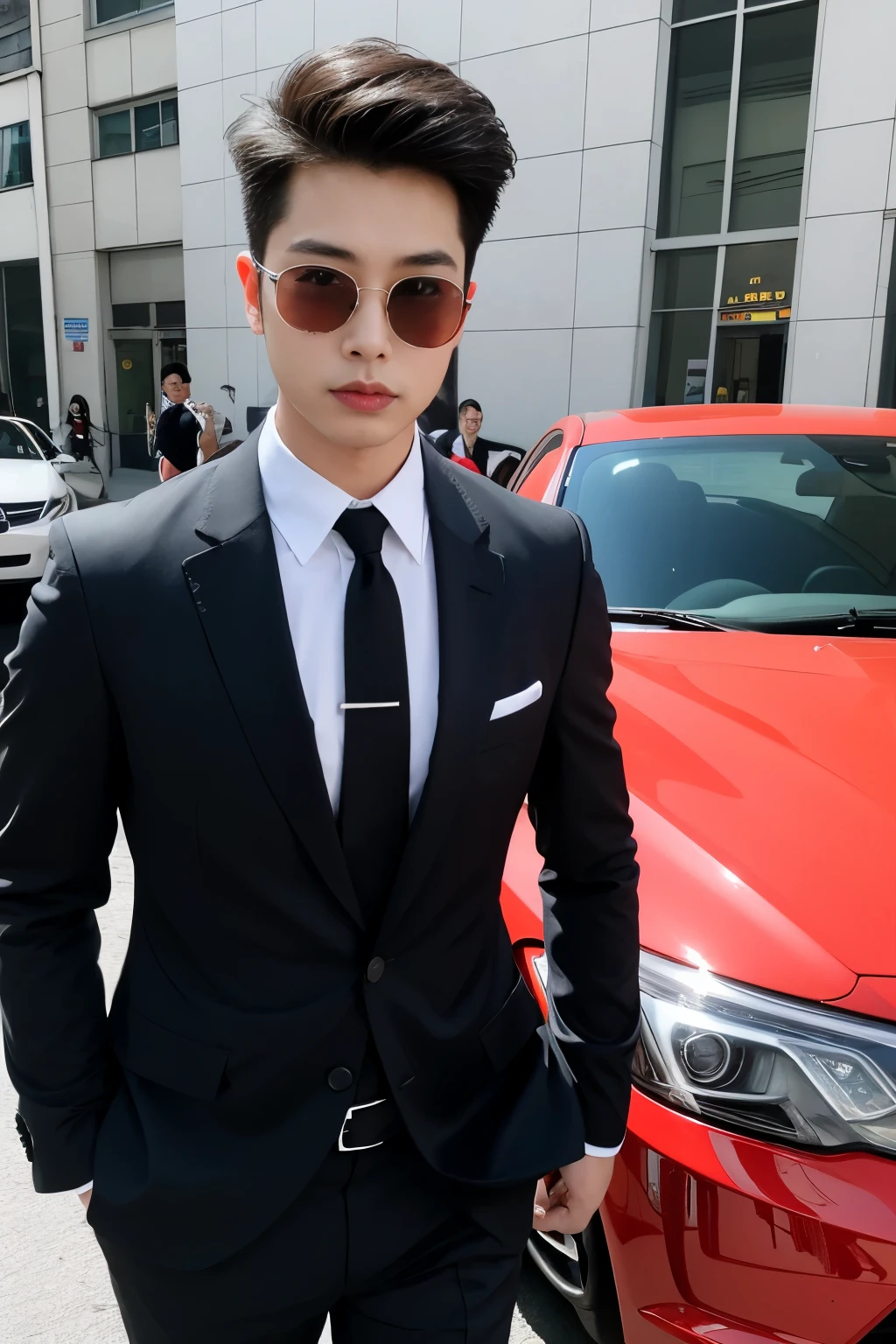 Asian male model on the street，and his wedding car，cool red car，SLR in hand，suit and tie