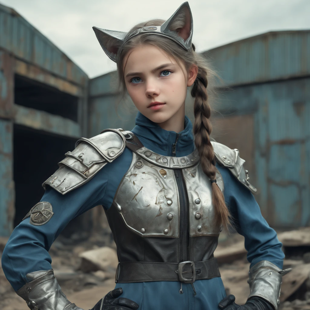 White girl, ((Anglo-Saxon)) ,wearing (vaultsuit with pipboy3000 on wrist) standing in a rundown rusty post apocalyptic steel bunker, holding a weapon in her right hand, giant fallout monster in background, professionally color graded, professional photography, well drawn, masterpiece, hyper realistic, ultra detailed, high quality, best quality, 4k, 8k, raw, detailed and realistic eyes, ite, 13 ) ((wearing long leather gloves cover all her fingers)), , wearing cats ears, highly detailed, vibrant,8k Ultra HD