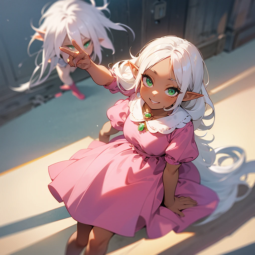 (((I want a child elf girl, with dark skin, white hair done in a hairstyle, green eyes, wearing a pink princess dress, and a sweet smile)))