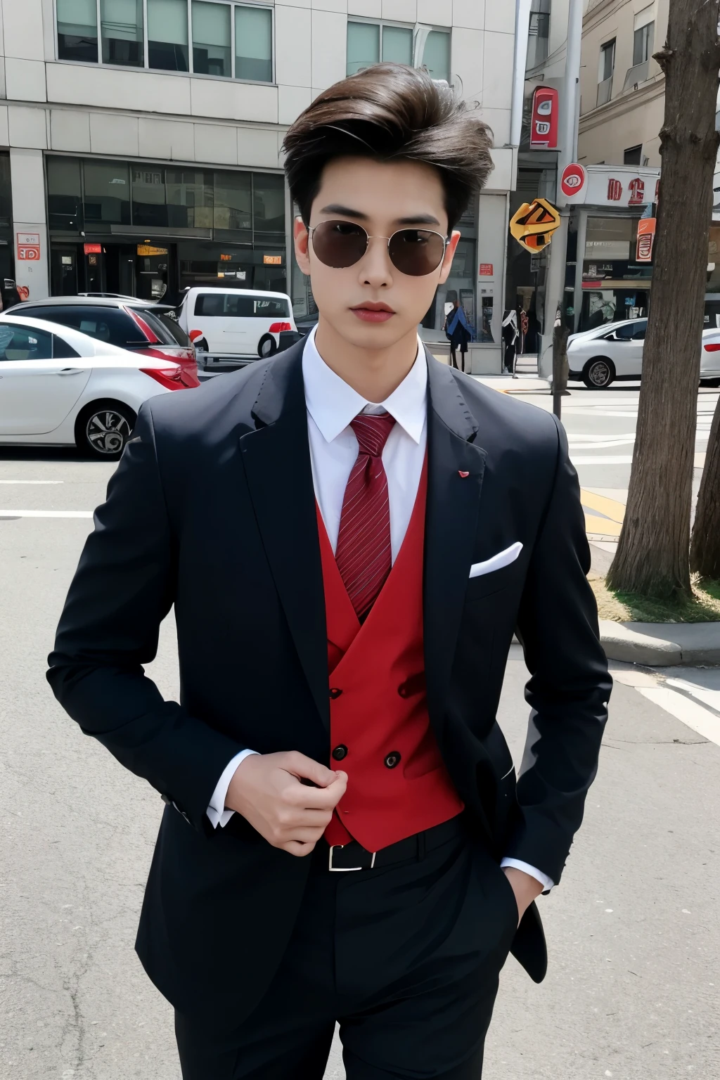 Asian male model on the street，and his wedding car，cool red car，SLR in hand，suit and tie