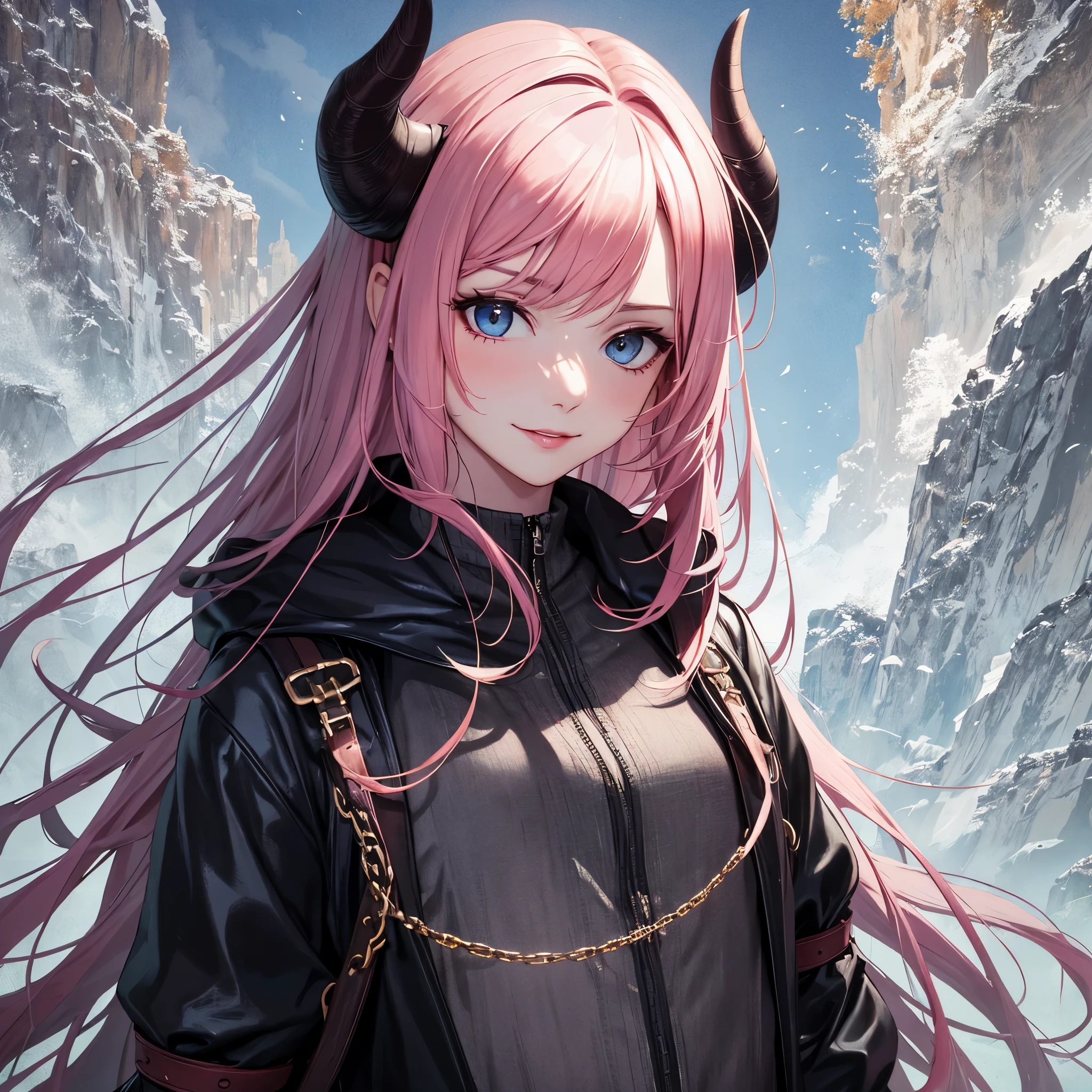 (best quality,official art,beautiful, aesthetic:1.2),1girl,extremely detailed,highest detailed,pale skin woman,light blue eyes,humanoid ears, demon horns, pink hair, wavy hair, captain, smirk, long hair