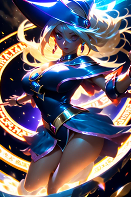 Dark Magician Girl. (Obra maestra:1.2), (La mejor calidad:1.2), Perfect lighting, Chica Maga Oscura lanzando un hechizo, flotando en el aire, Levitating over a magic circle , Portal de Circle, tetas grandes, escote abierto, fondo de magia. Pose sejustiva y sexy. Fuegos artificiales de fondo.  dragon armaguedon